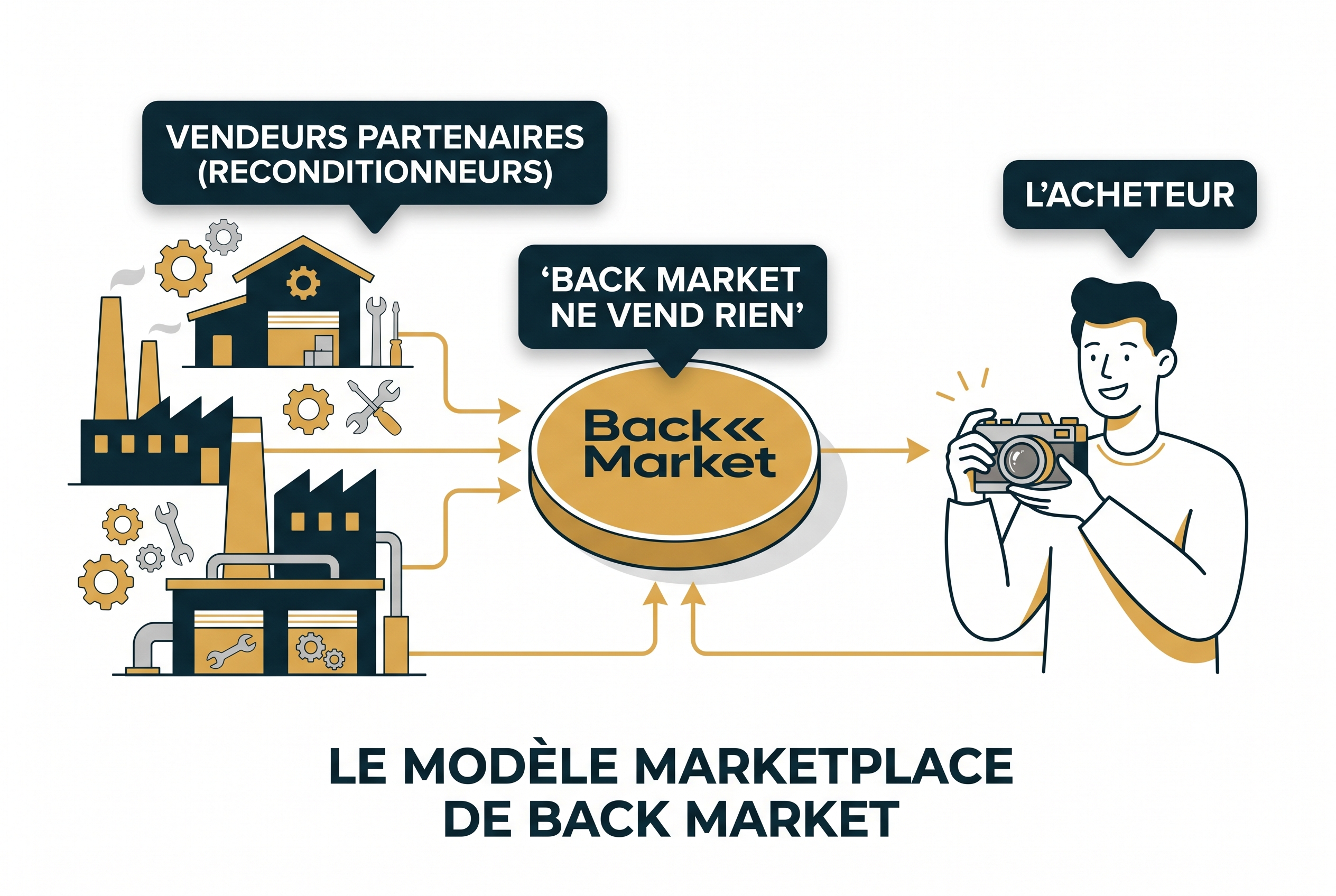 Illustration pédagogique expliquant le modèle marketplace pour un avis Back Market : la mise en relation entre ateliers de reconditionnement et acheteurs de matériel photo.