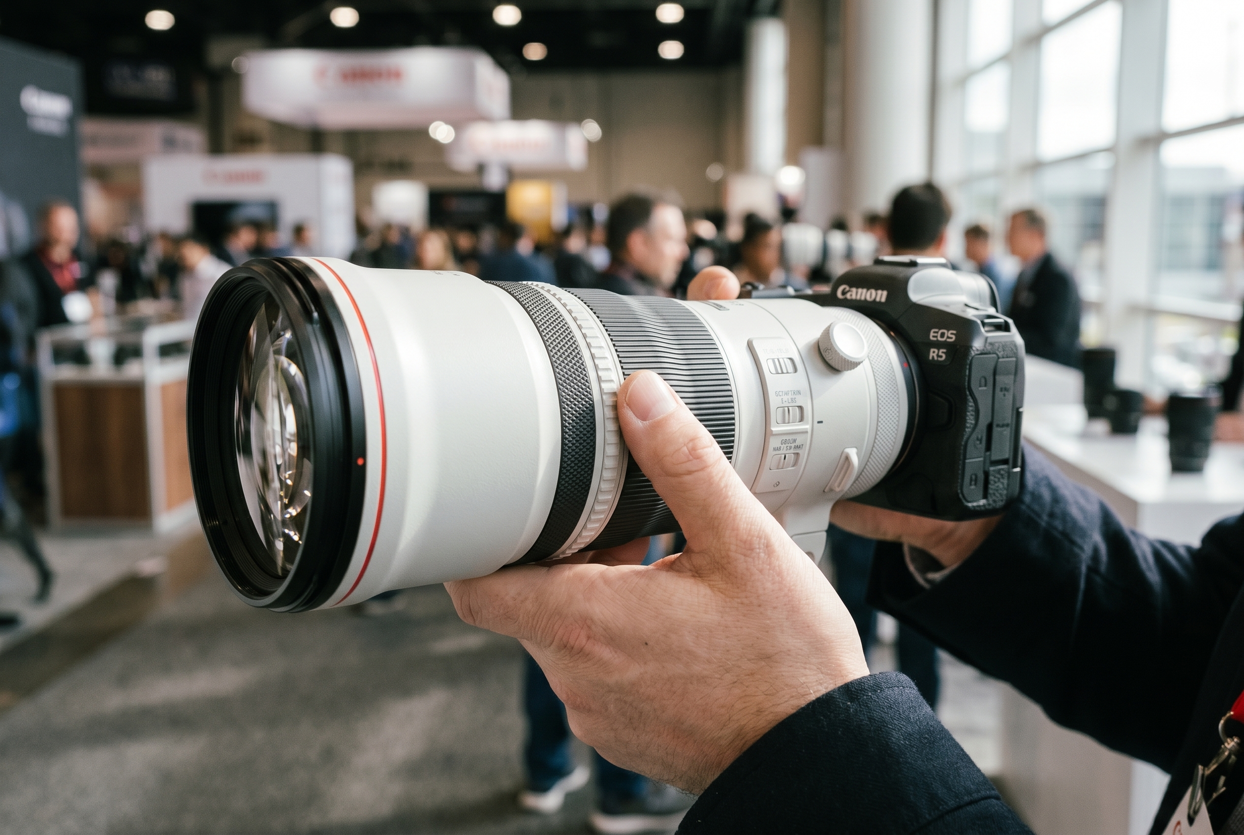 Mains d'un photographe tenant un super-téléobjectif blanc lors d'un essai de matériel au salon du festival de Montier-en-Der.