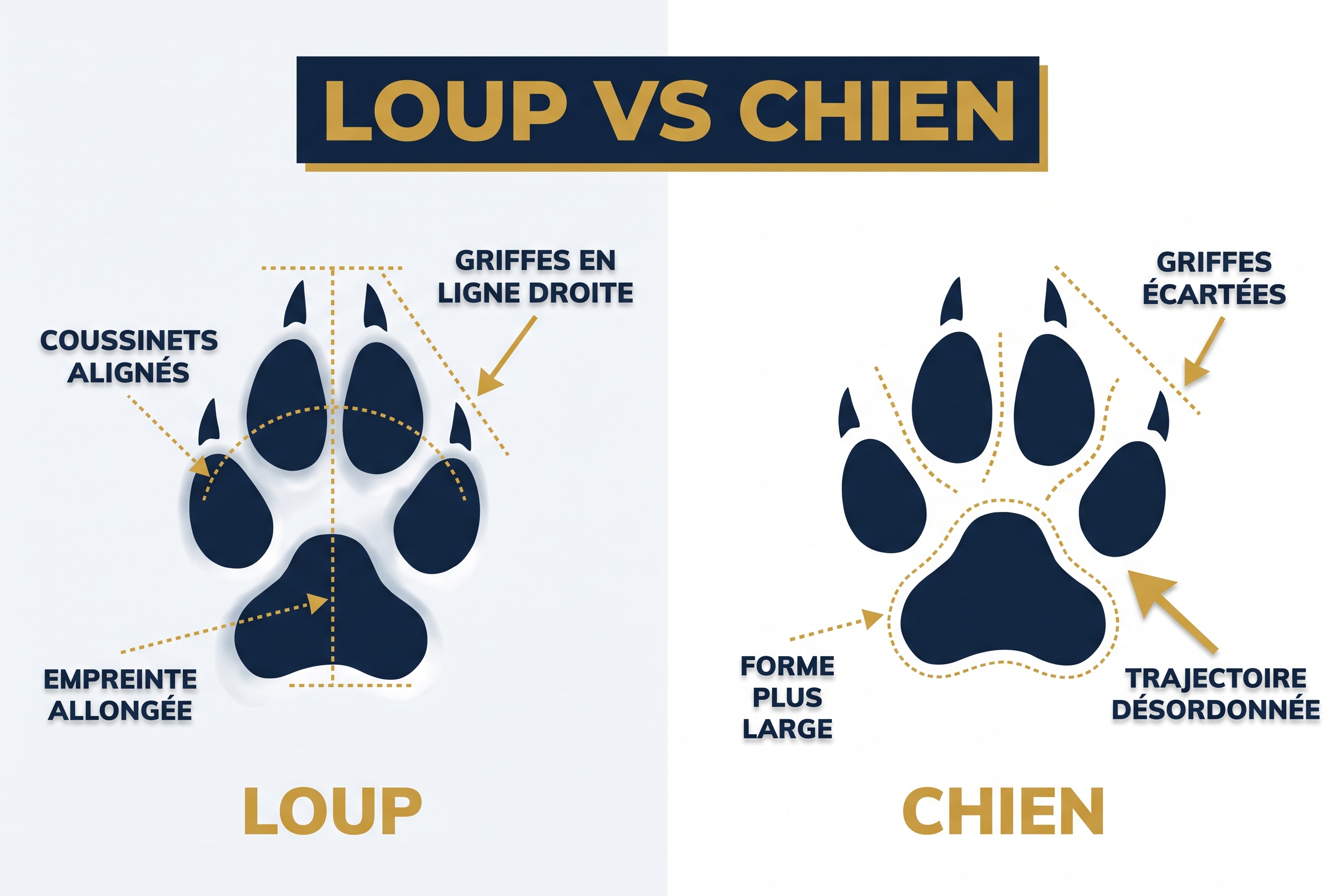 Illustration pédagogique comparant une empreinte de loup et de chien dans la neige pour aider à photographier le loup
