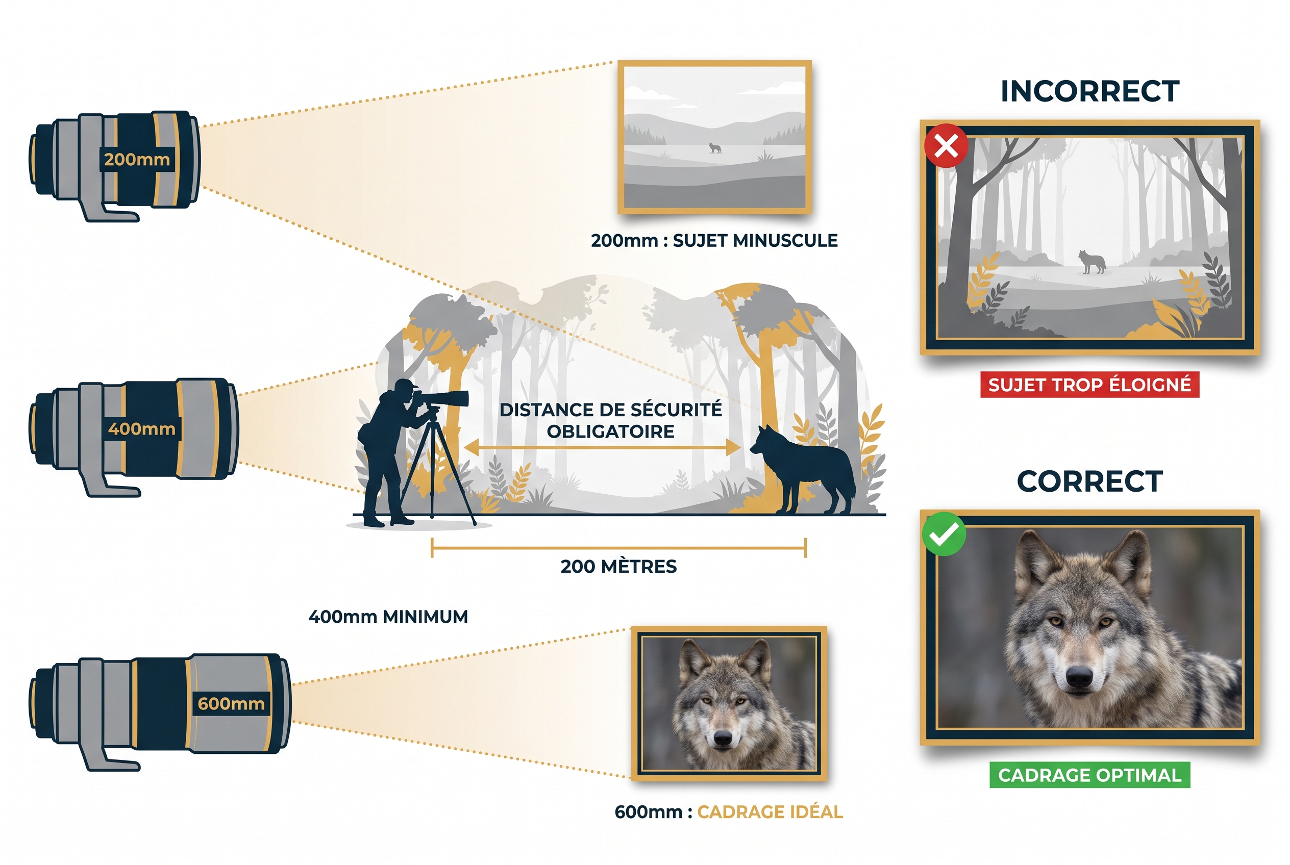 Illustration pédagogique comparant le cadrage d'un loup à 200m avec des focales de 200mm, 400mm et 600mm pour respecter la distance de sécurité.