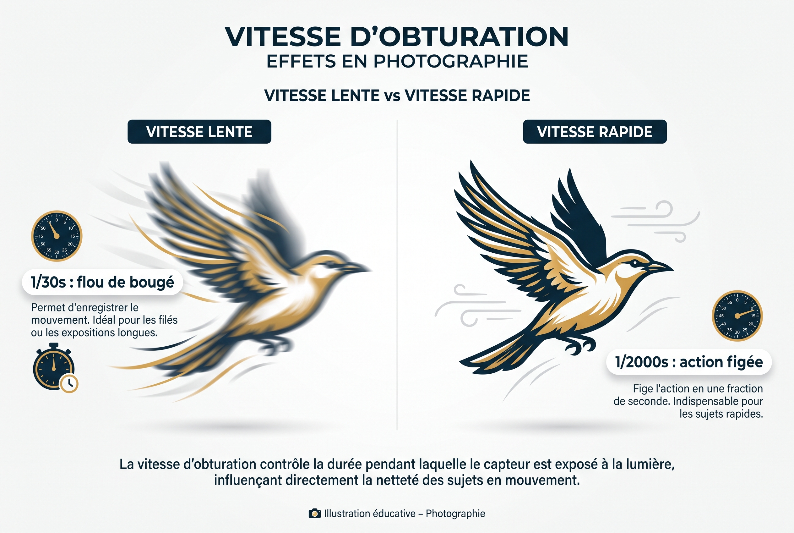 Illustration pédagogique comparant le réglage de la vitesse d'obturation sur un oiseau en vol : flou de bougé à 1/30s versus action figée à 1/2000s.