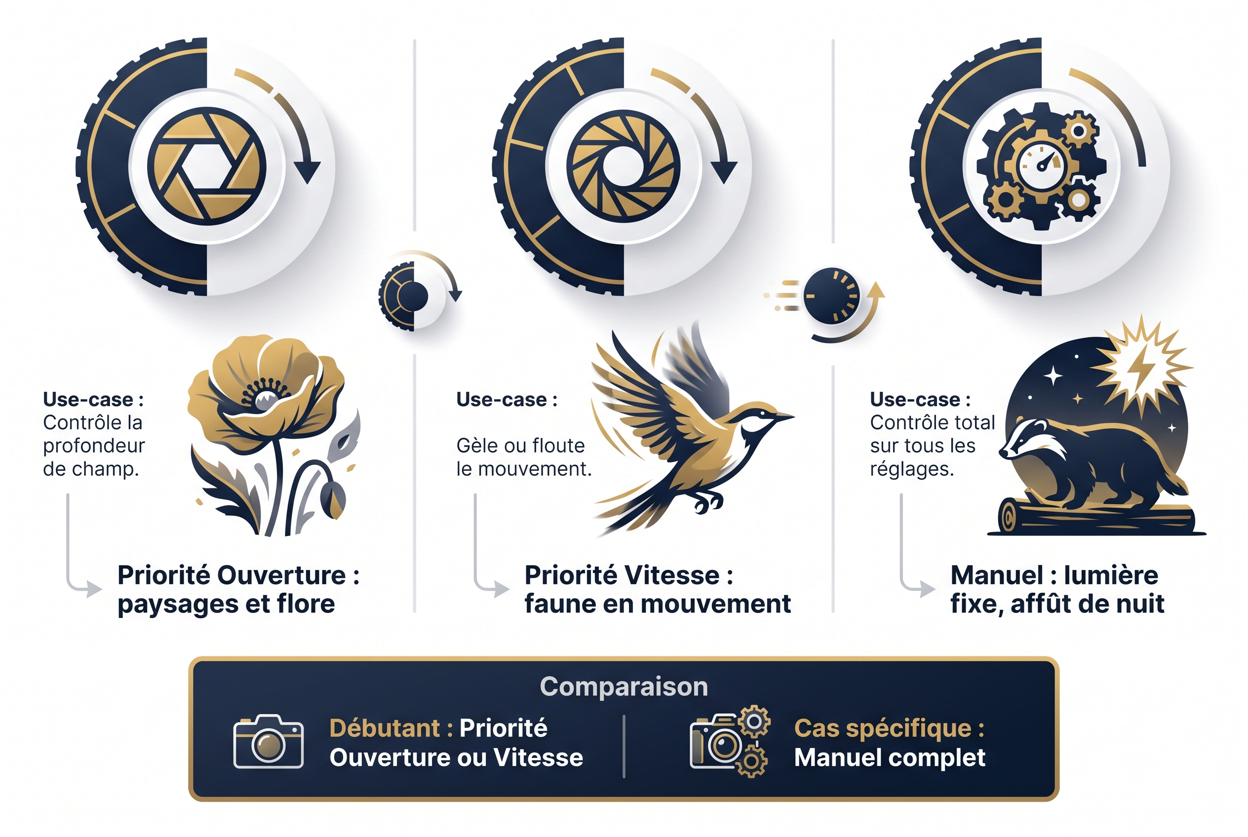 Infographie pédagogique expliquant les réglages d'appareil photo : modes Priorité Ouverture, Priorité Vitesse et Manuel pour la photographie de nature.