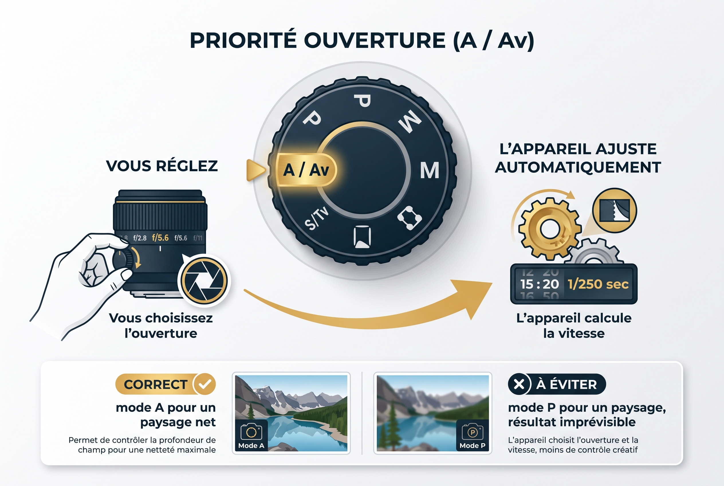 Schéma pédagogique du sélecteur de mode d'un appareil photo mettant en avant le mode Priorité Ouverture A/Av pour apprendre les réglages.