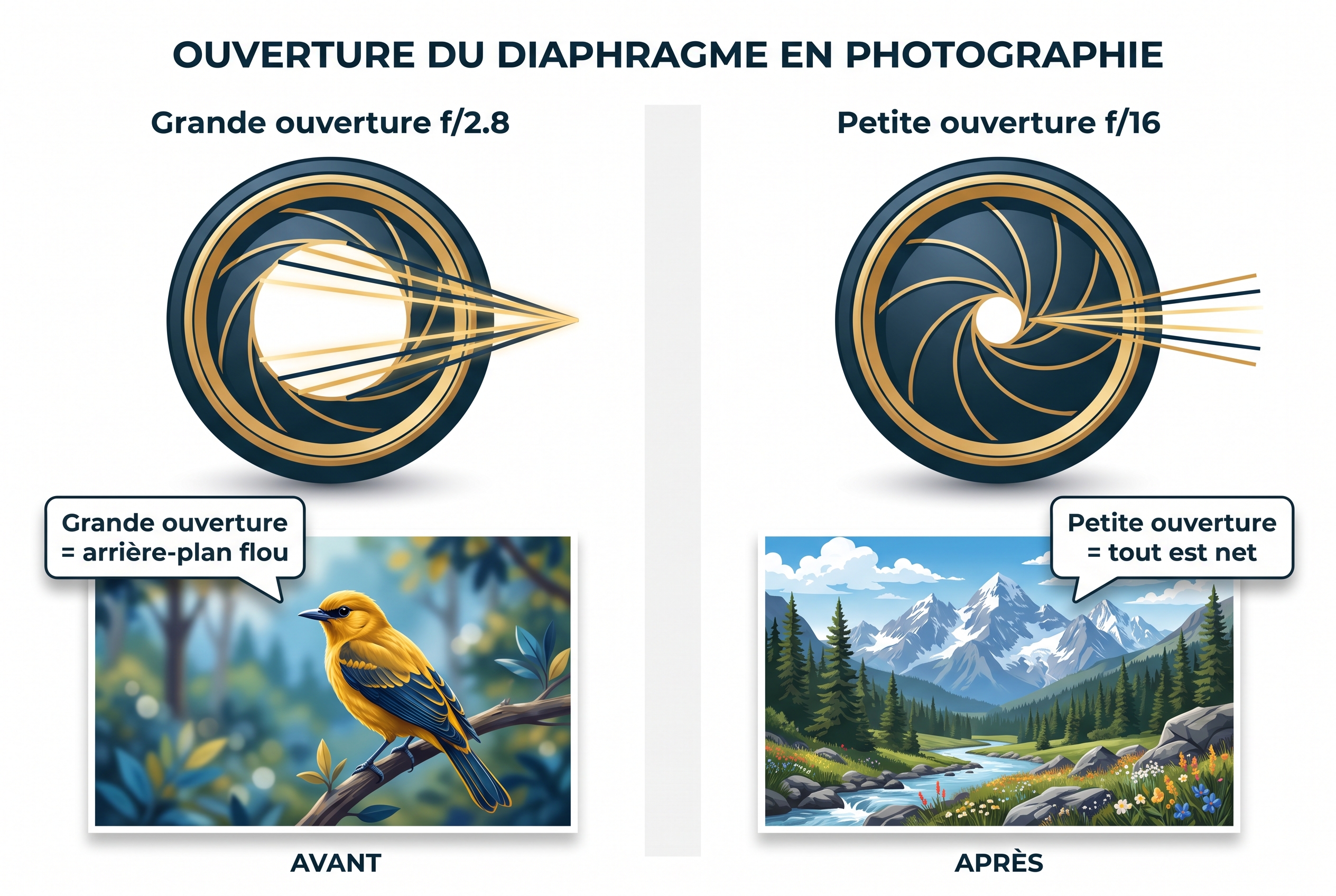 Schéma pédagogique comparant l'ouverture f/2.8 pour un arrière-plan flou sur un oiseau et l'ouverture f/16 pour un paysage de montagne net. Essentiel pour maîtriser le réglage appareil photo.