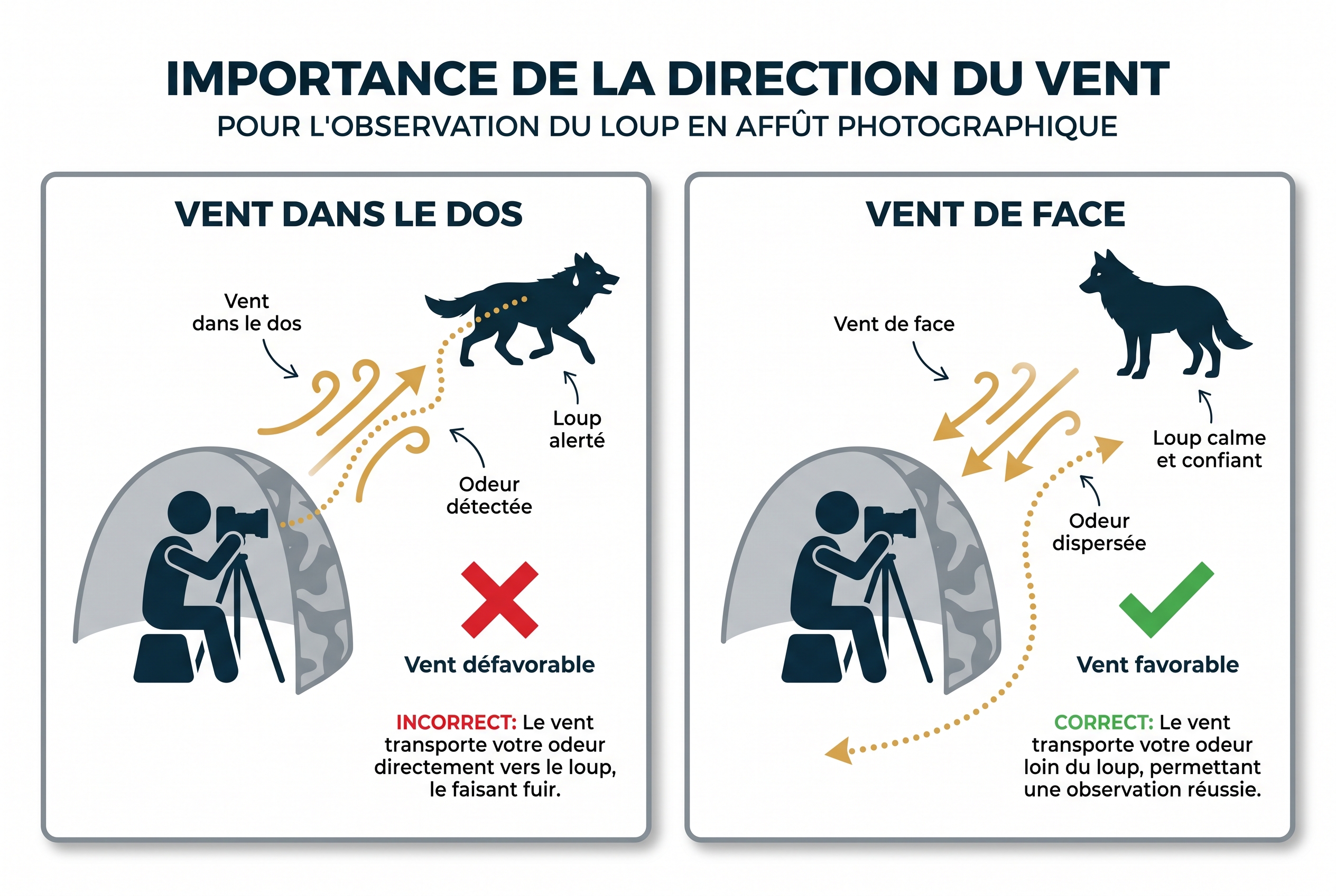Schéma pédagogique expliquant l'importance de la direction du vent (favorable vs défavorable) pour photographier le loup à l'affût sans être détecté par son odorat.