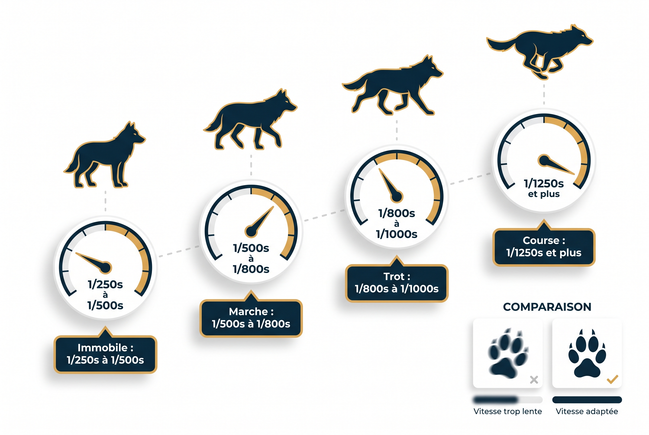 Infographie pédagogique détaillant les vitesses d'obturation pour photographier le loup selon son comportement : de 1/250s (immobile) à 1/1250s (course).