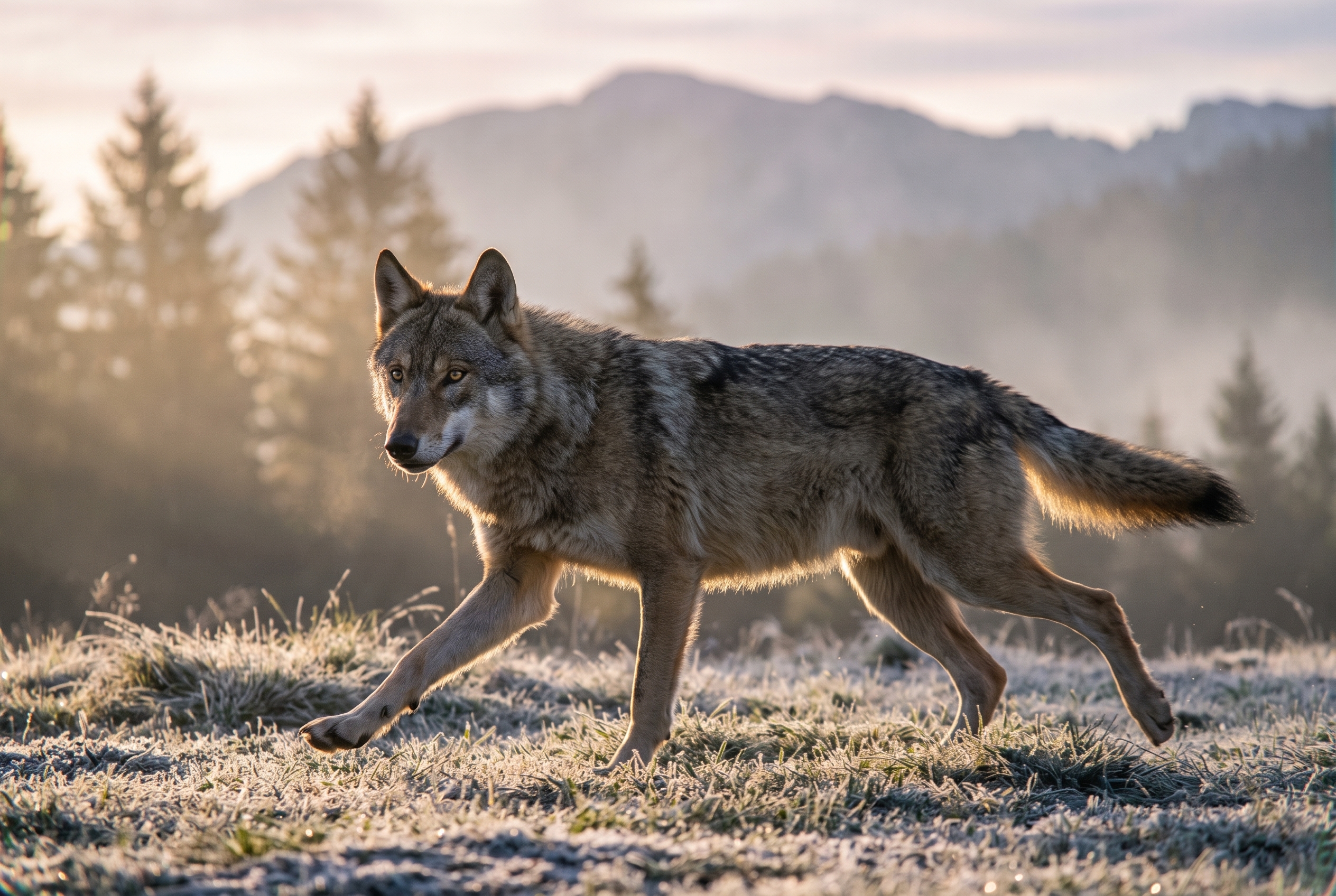 Photographie d'un loup gris sauvage au trot dans une clairière alpine brumeuse à l'aube, illustrant l'art de photographier le loup à l'affût.