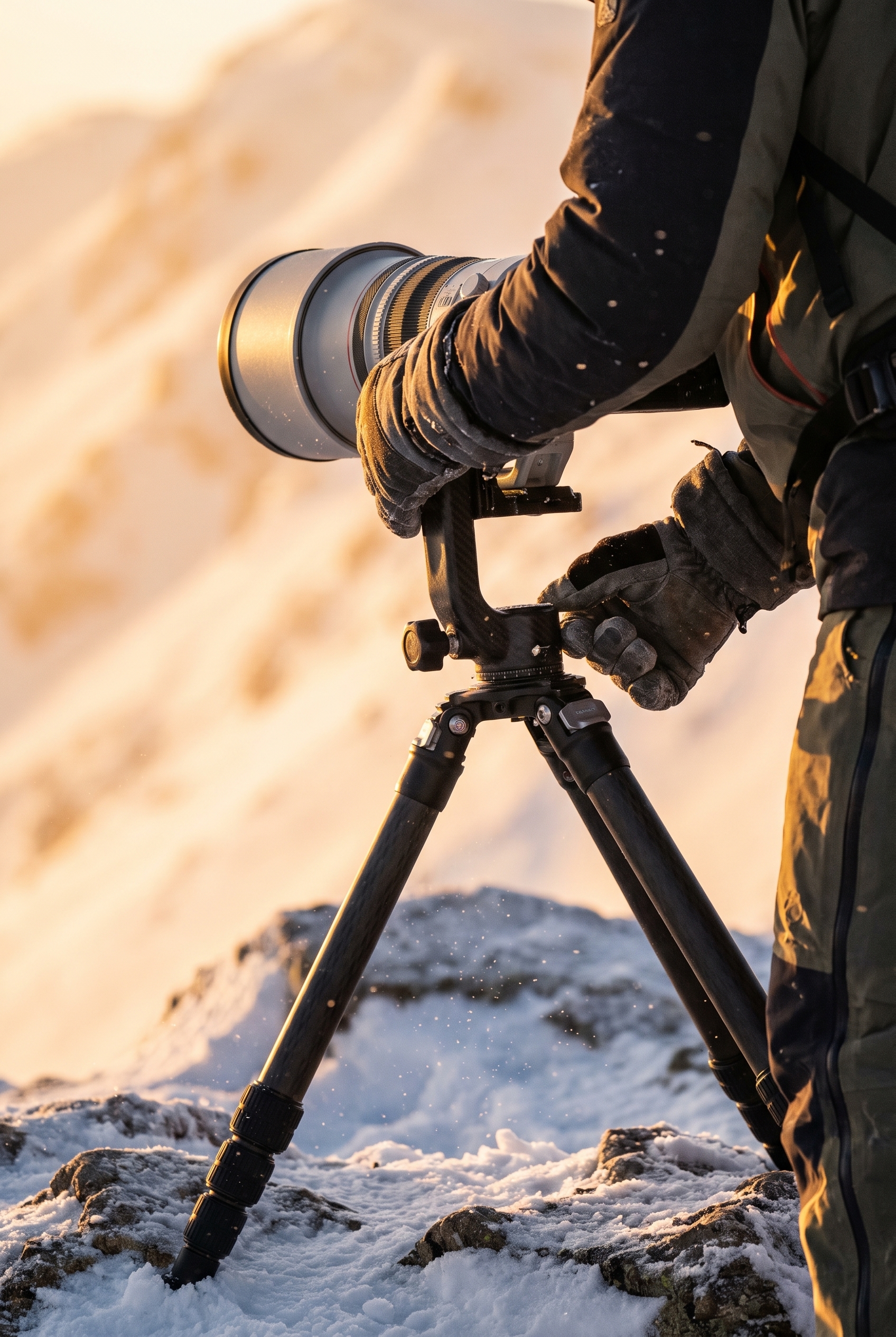 Photographe animalier réglant un téléobjectif 600mm sur un trépied dans un paysage de montagne enneigé pour photographier le loup.