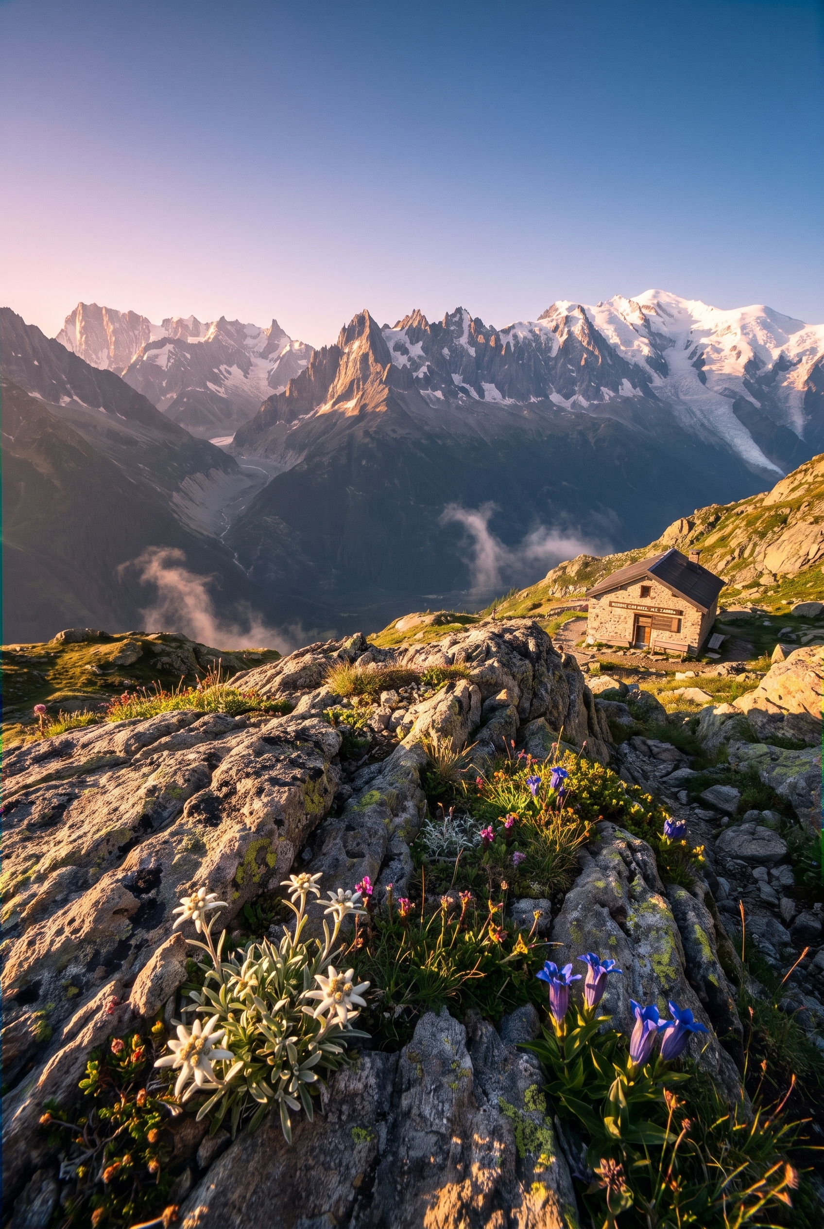 Paysage des Alpes au lever du soleil avec une netteté parfaite du premier plan aux sommets, illustrant le réglage appareil photo pour la profondeur de champ.