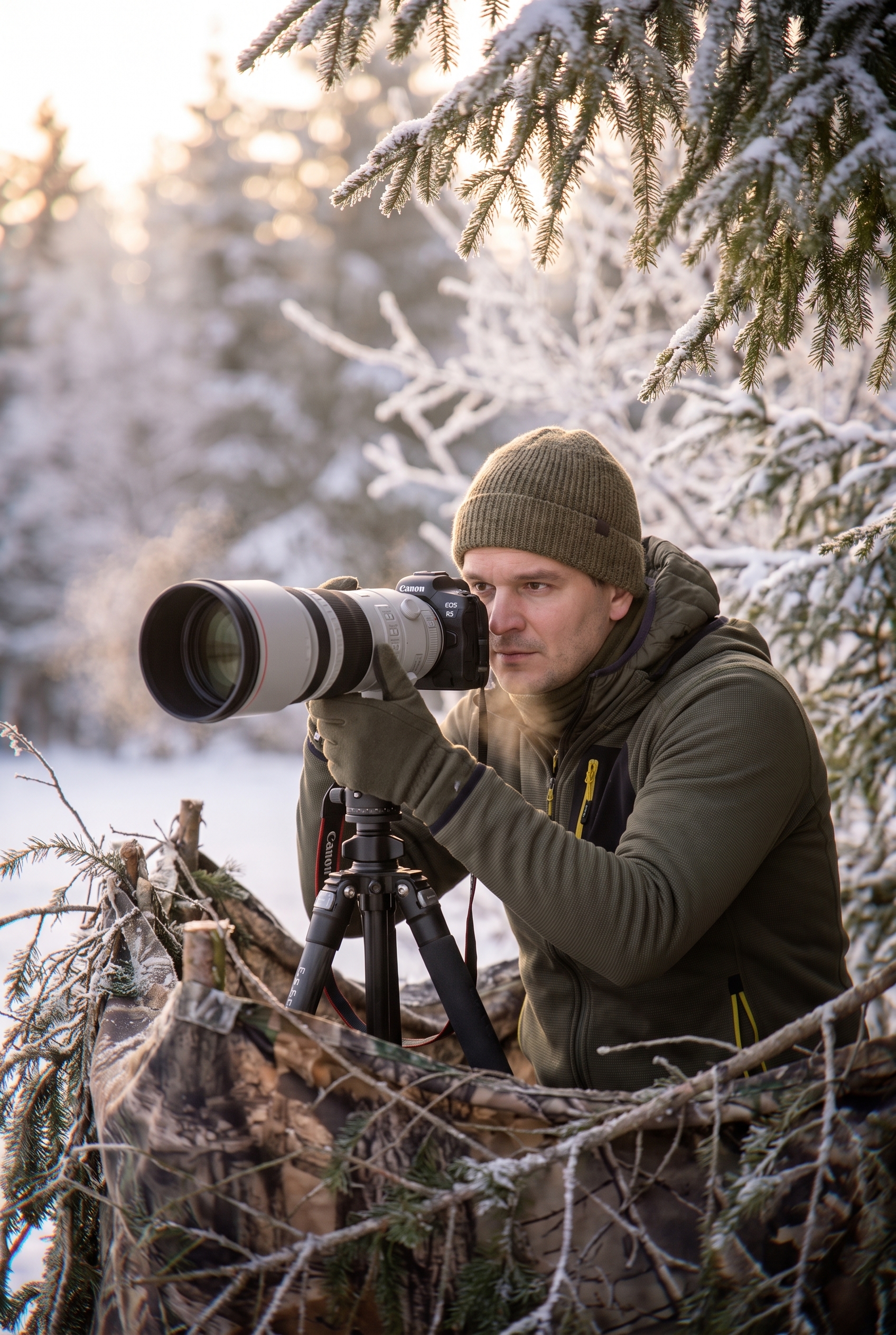 Photographe animalier en affût de camouflage dans une forêt de montagne enneigée à l'aube pour photographier le loup.
