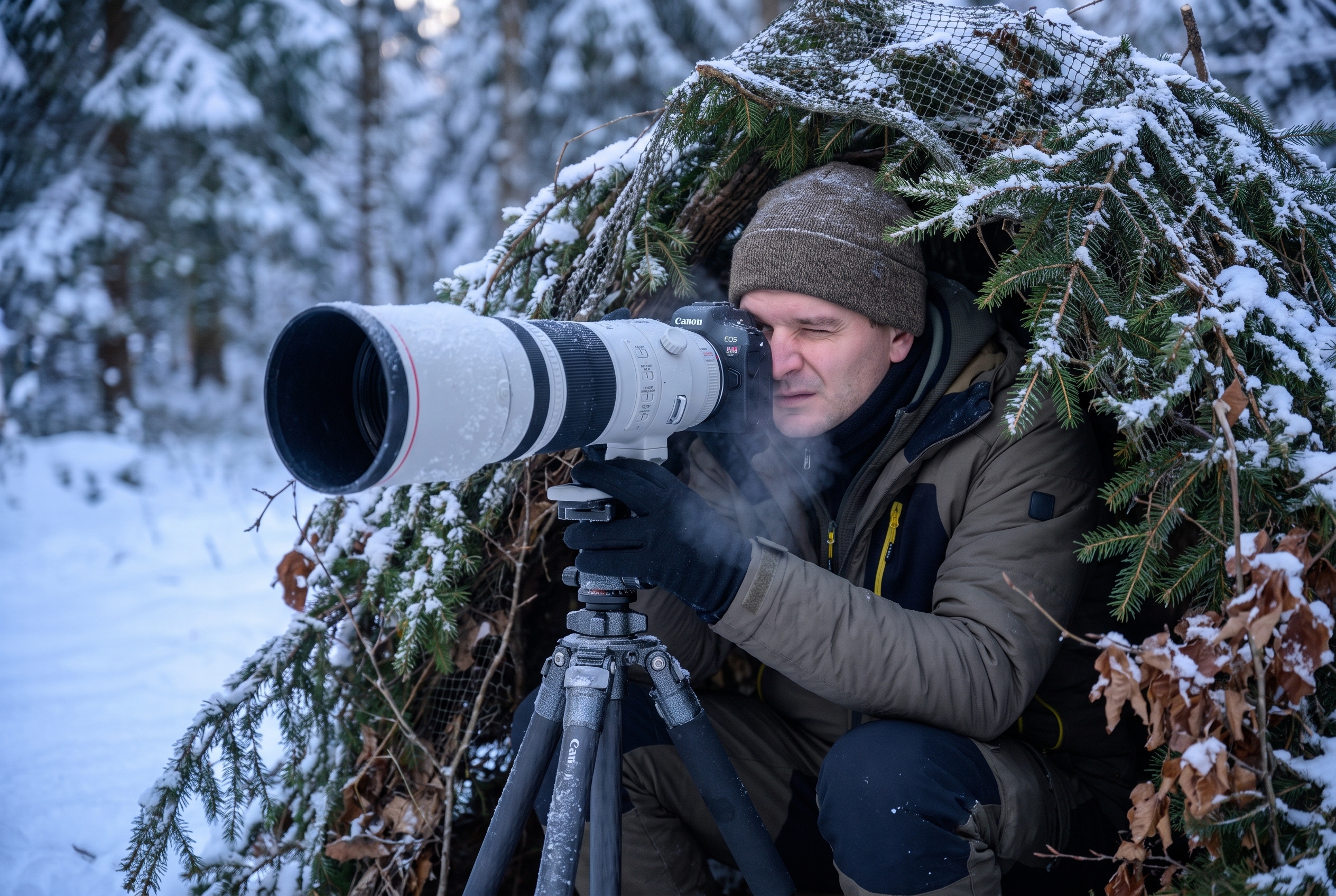Photographe naturaliste camouflé dans un affût de branches en forêt enneigée, utilisant un téléobjectif pour photographier le loup à l'aube.