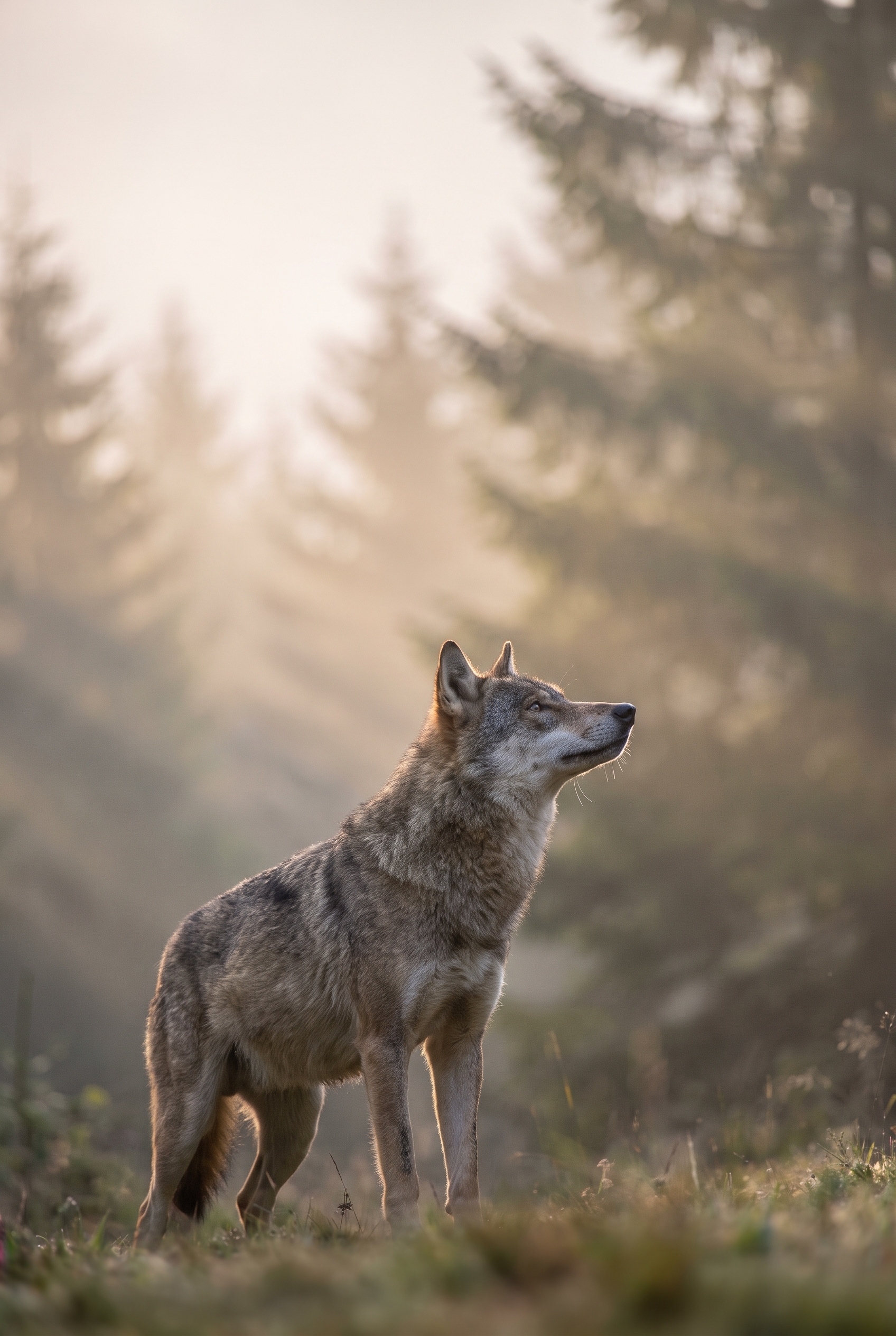 Un loup gris sauvage en alerte à l'orée d'une forêt alpine brumeuse au lever du soleil, illustrant la technique pour photographier le loup.