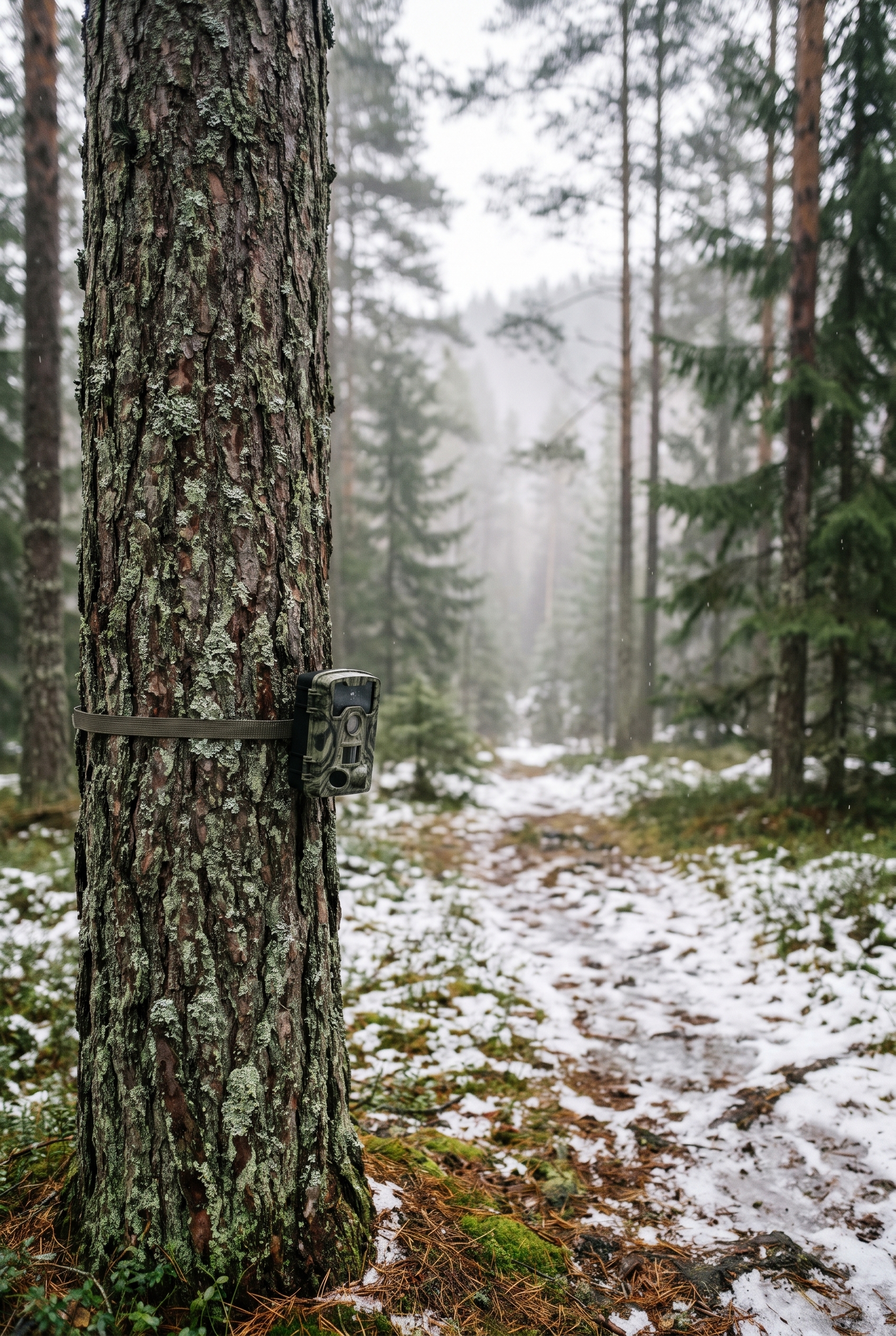 Piège photographique camouflé fixé sur un tronc de pin dans une forêt de montagne brumeuse pour repérer et photographier le loup.