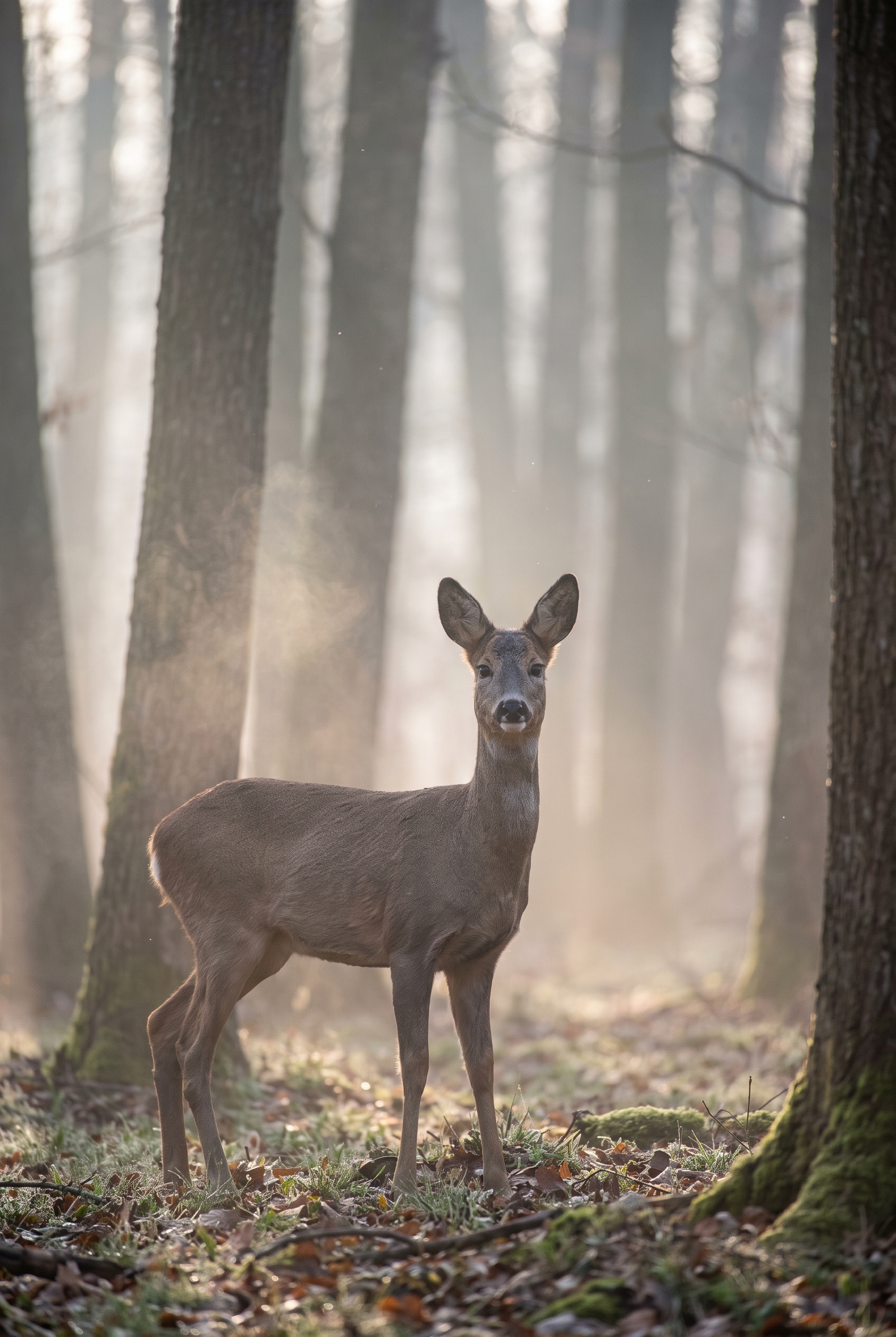 Photographie d'un jeune chevreuil dans la brume matinale montrant l'importance du réglage de l'appareil photo pour isoler un sujet.