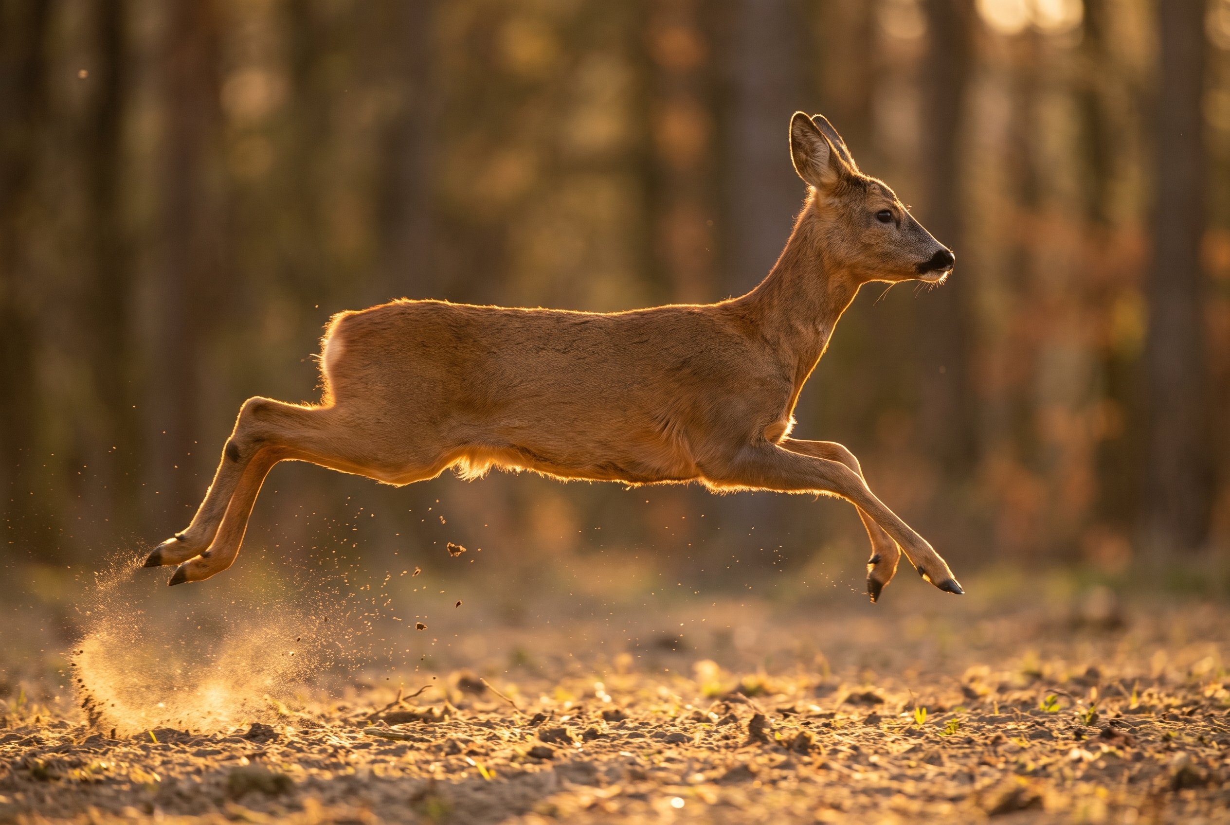 Photographie d'un chevreuil bondissant en forêt, un exemple concret de réglage appareil photo pour figer le mouvement avec une vitesse rapide.