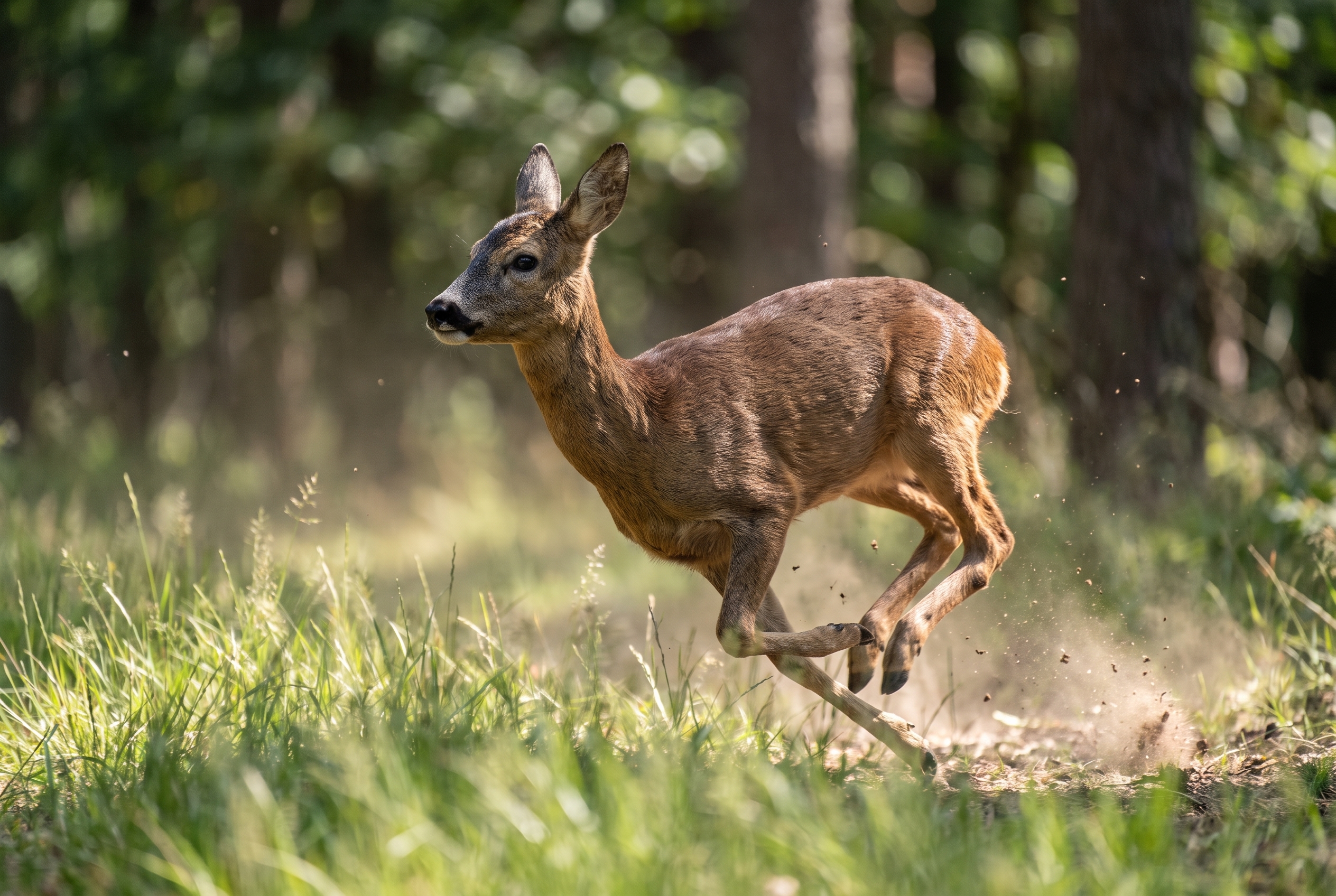 Photographie d'un chevreuil en pleine course dans une clairière, illustrant la maîtrise des réglages de l'appareil photo pour figer le mouvement.