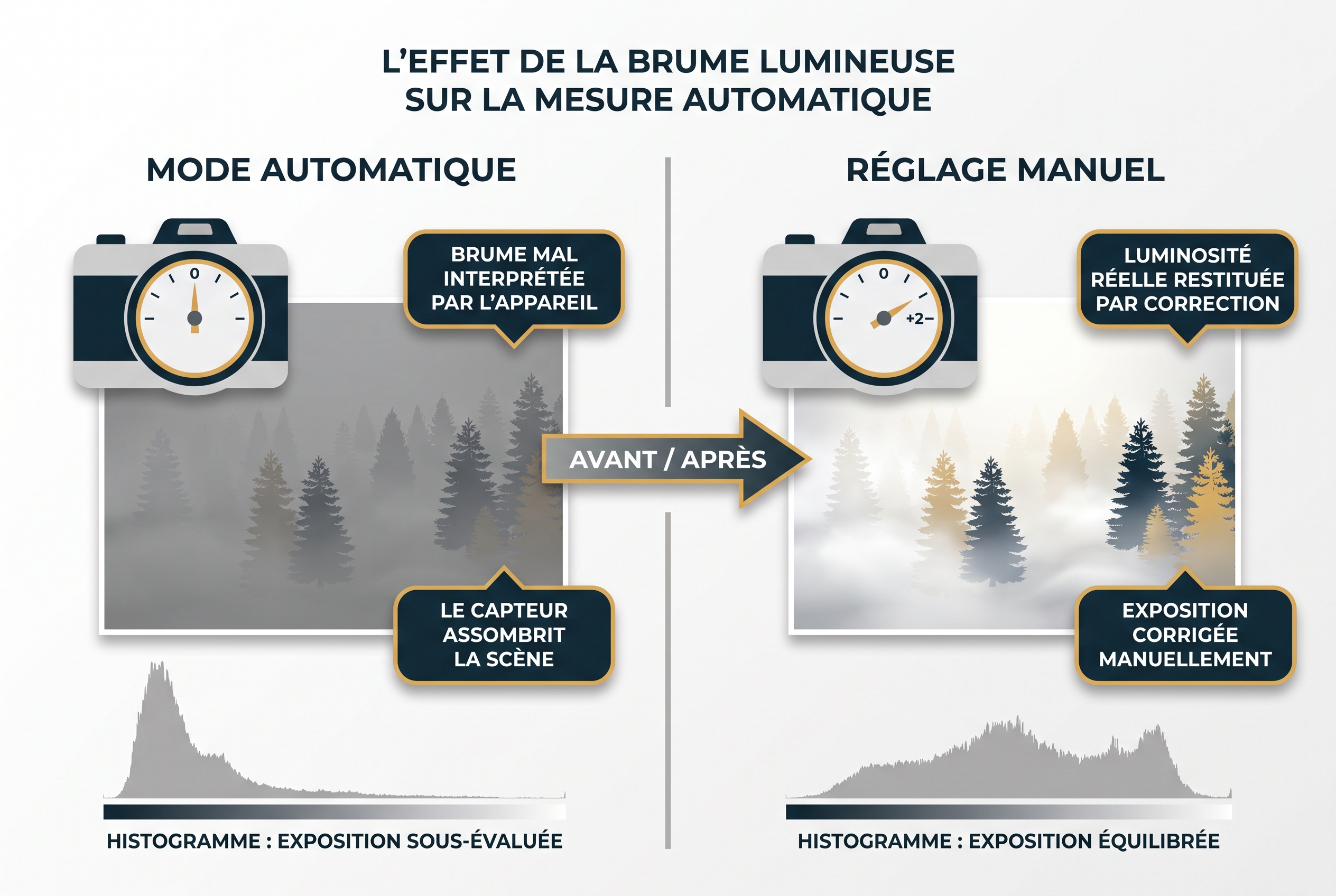 Infographie comparative : réglage appareil photo en mode automatique vs manuel pour une scène de brume en forêt.