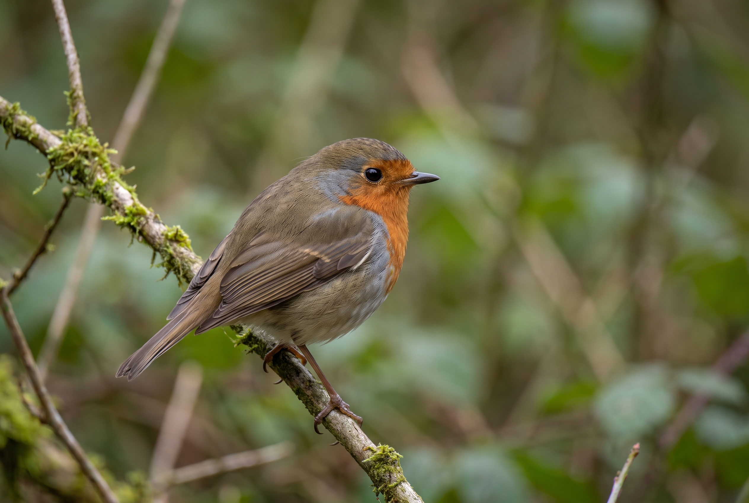 Un rouge-gorge familier sur une branche moussue, exemple de réglage appareil photo pour obtenir un flou d'arrière-plan.