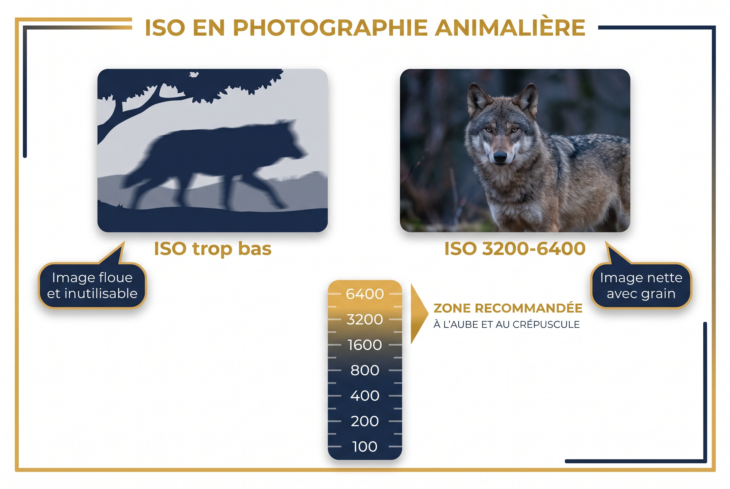 Infographie comparative des réglages ISO pour photographier le loup : comparaison entre une image floue à bas ISO et une image nette à ISO 3200-6400.