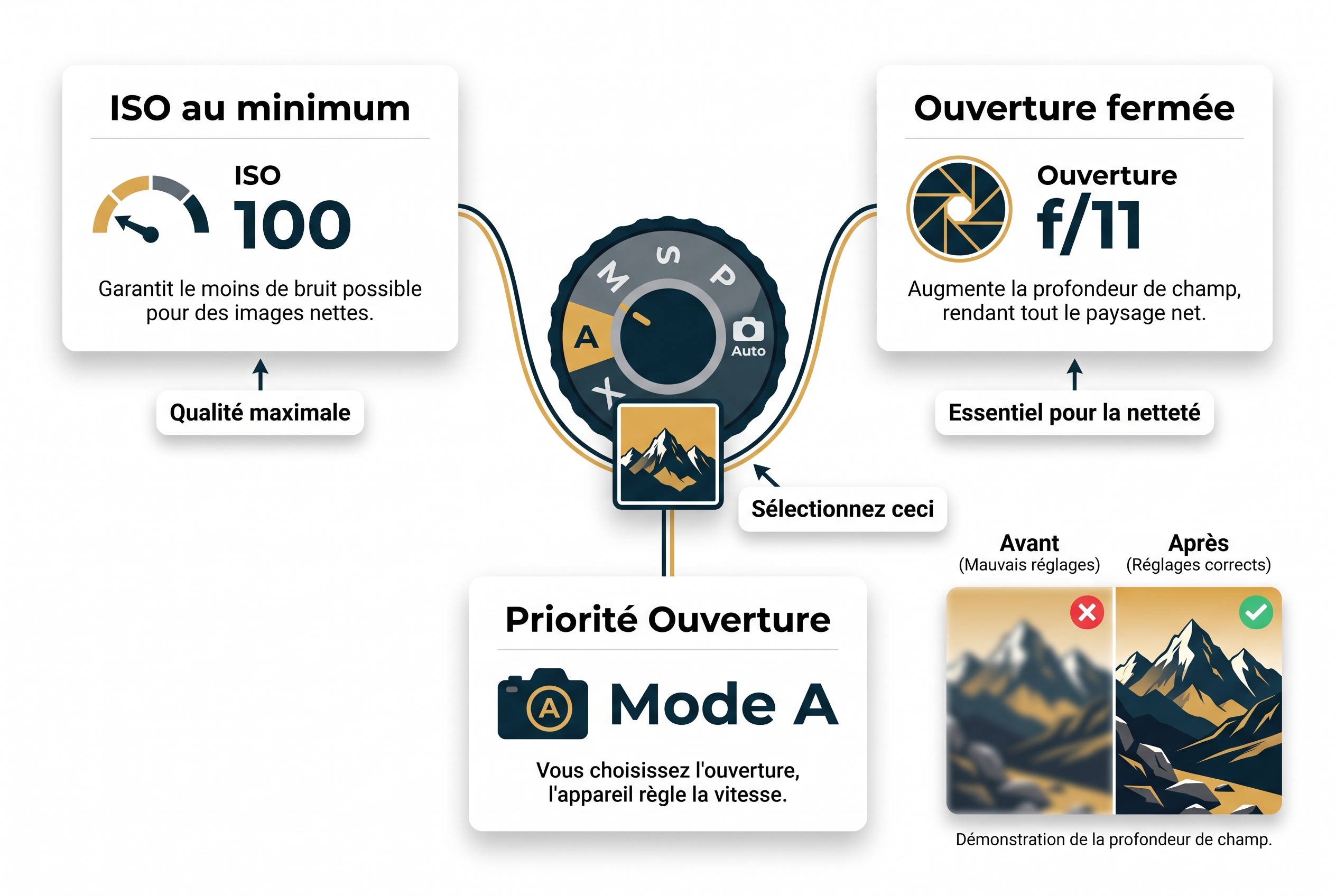 Infographie pédagogique expliquant le réglage de l'appareil photo pour un paysage : passage du mode automatique au mode priorité ouverture (A) avec ISO 100 et f/11.