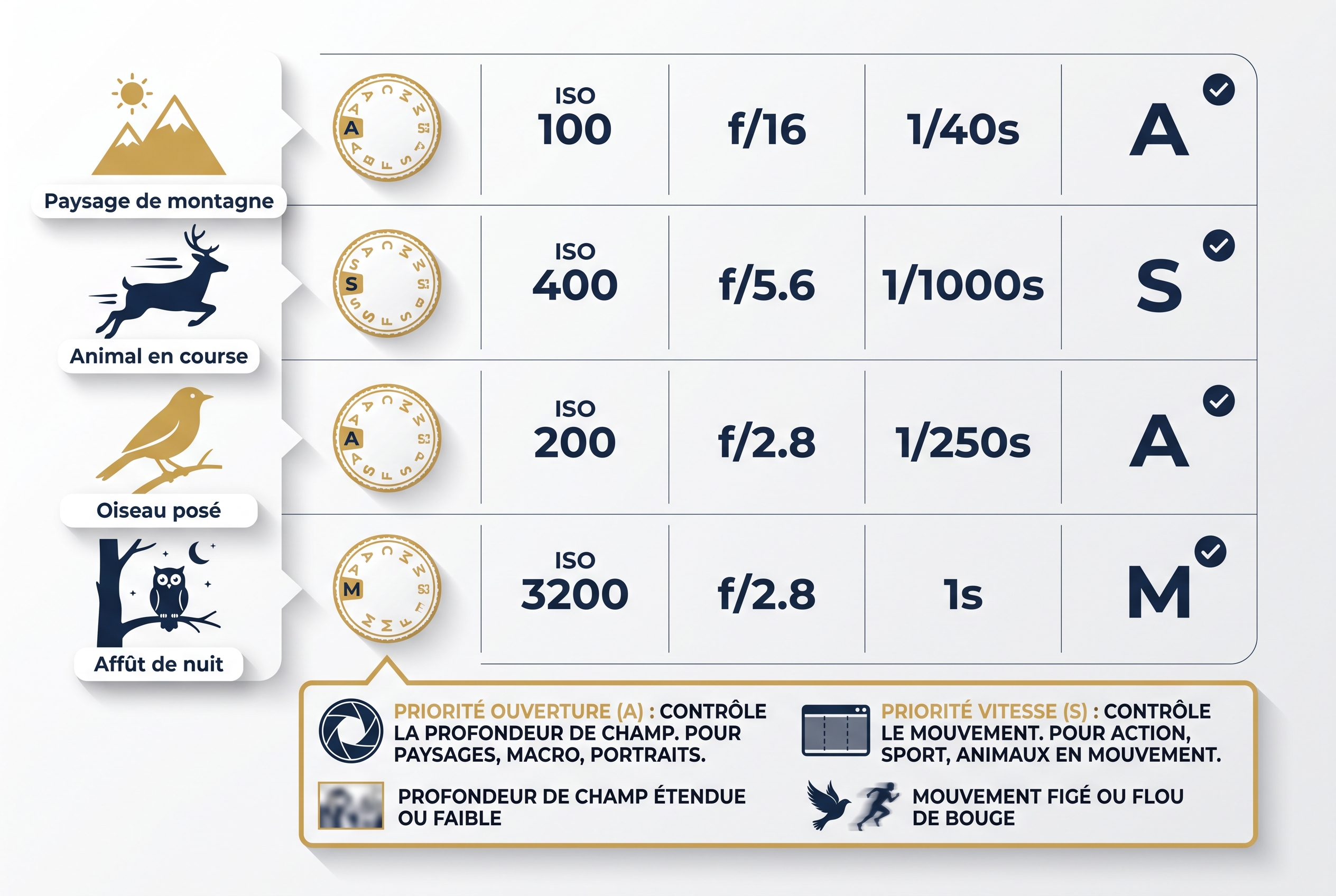 Infographie pédagogique présentant les réglages de l'appareil photo pour le paysage, les animaux en mouvement et l'affût nocturne.