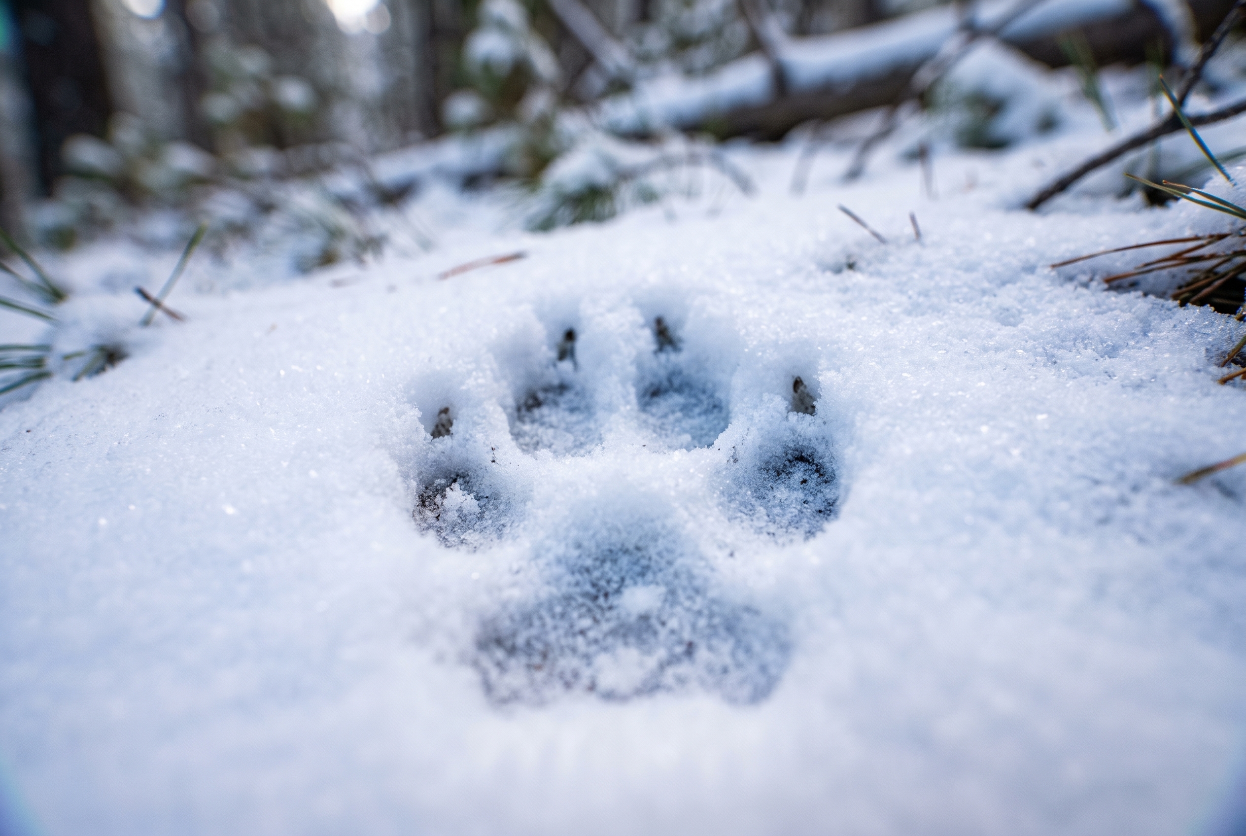 Gros plan macro d'une empreinte de loup (Canis lupus) avec griffes apparentes dans la neige fraîche en montagne, lumière matinale.