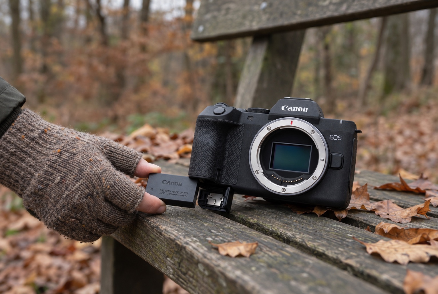 Boîtier hybride Canon EOS R8 Mark II posé sur un banc en forêt d'automne avec sa batterie LP-E17, illustrant le test d'autonomie en conditions réelles.