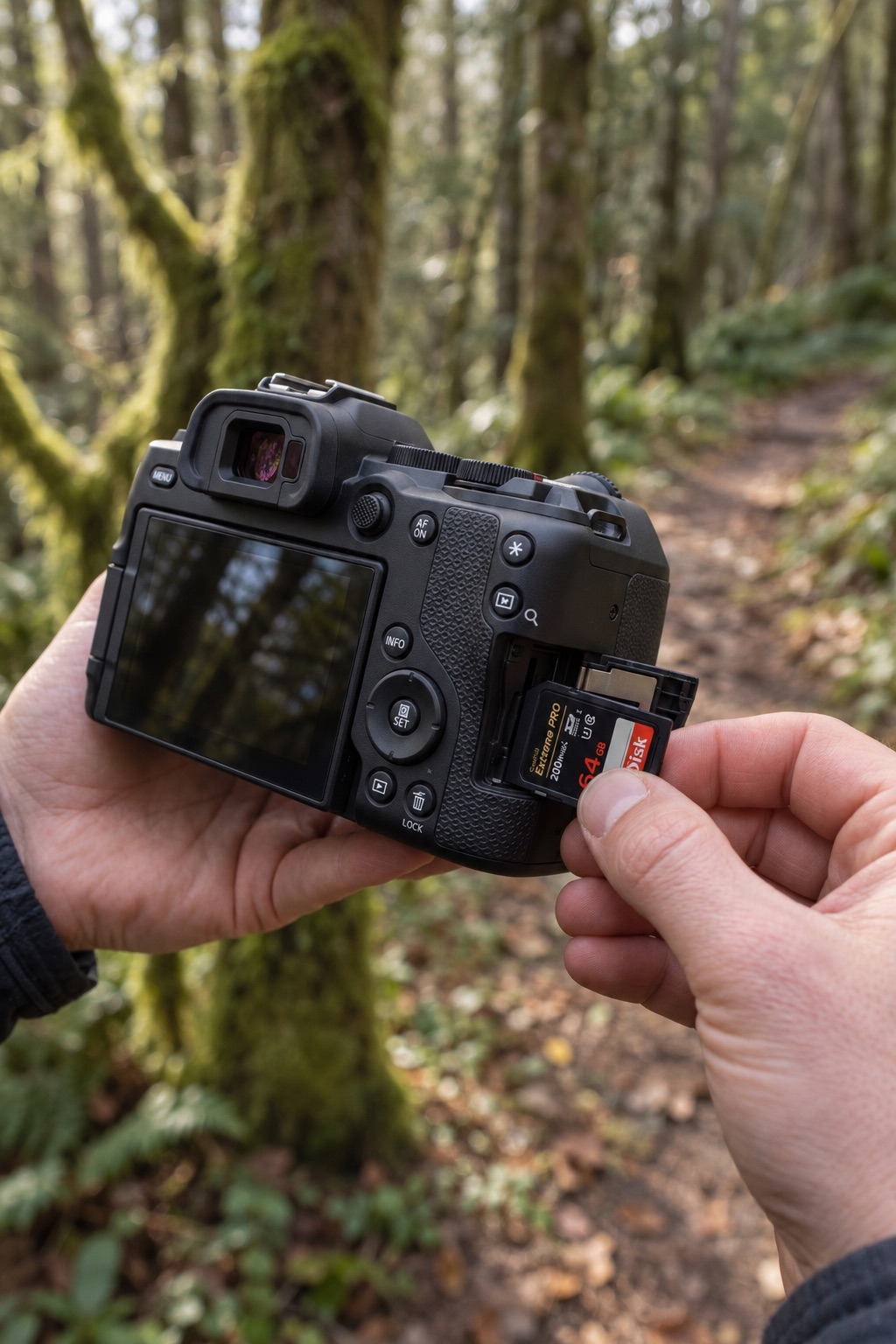 Gros plan sur l'insertion d'une carte mémoire SD dans le logement latéral du Canon EOS R8 Mark II lors d'un test en forêt.