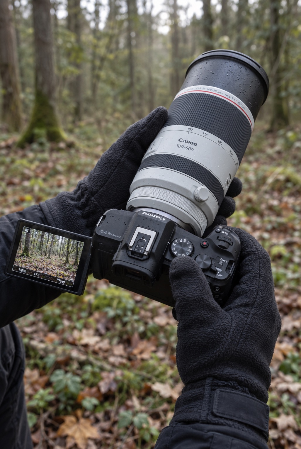 Gros plan du boîtier Canon EOS R8 Mark II équipé d'un téléobjectif RF 100-500mm lors d'un test terrain en forêt pour la photographie animalière.