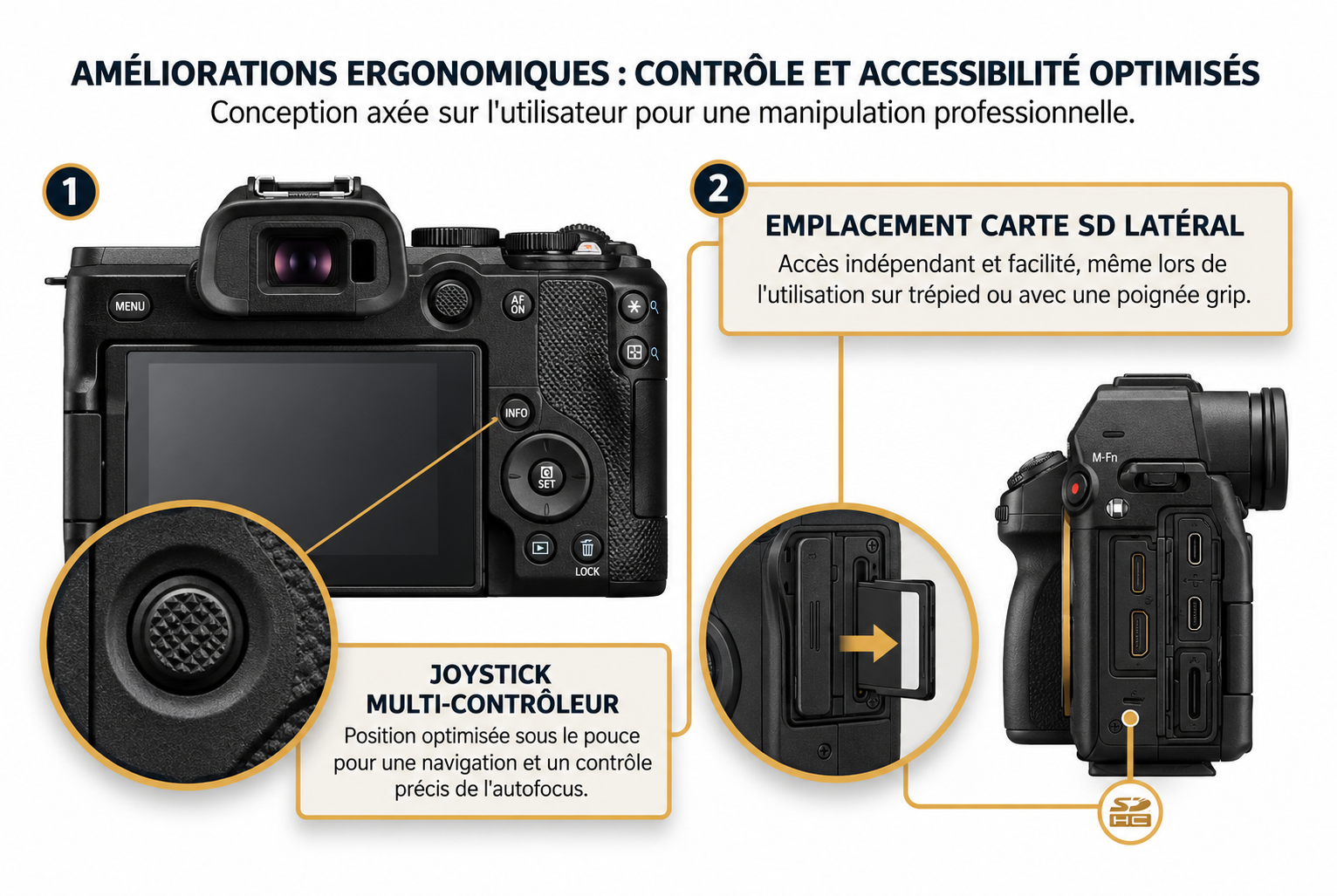 Illustration technique des nouveautés ergonomiques du Canon R8 Mark II montrant le joystick multi-contrôleur et l'emplacement latéral de la carte SD.