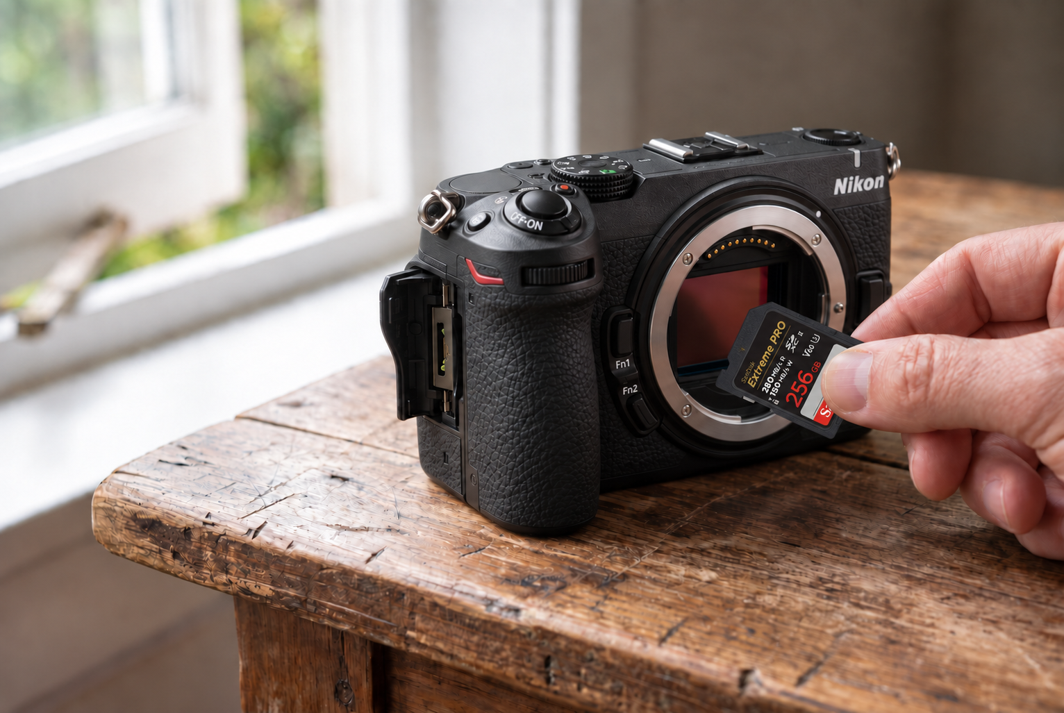 Test Nikon Z5 II C : avis complet sur le nouvel hybride compact 23 Gros plan sur l'insertion d'une carte mémoire SD dans le boîtier hybride Nikon Z5 II C lors de notre test.
