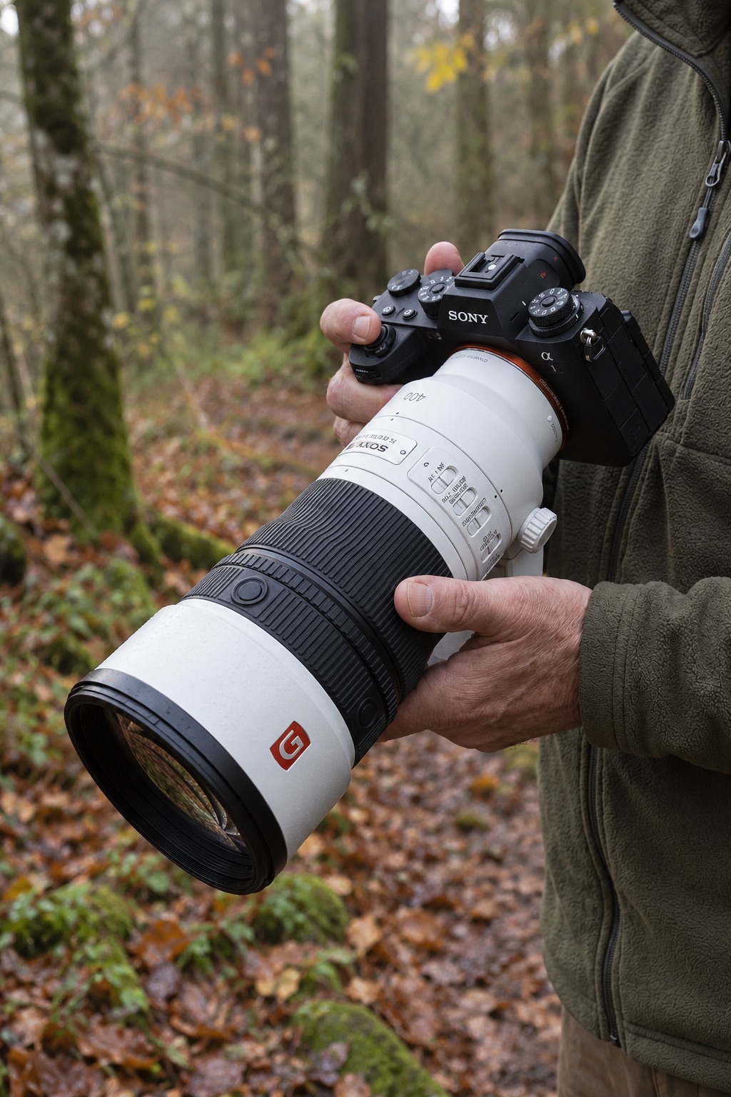 Test Sony FE 400mm f/4.5 GM OSS : avis et retour d'expérience terrain 23 Photographe tenant le Sony FE 400mm f/4.5 GM OSS monté sur un boîtier hybride lors d'un test en forêt.
