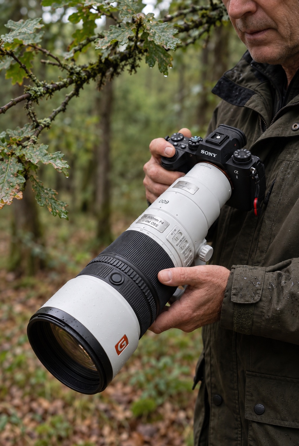 Test Sony FE 600mm f/6.3 GM OSS : le plus léger des téléobjectifs 17 Photographe animalier tenant le téléobjectif Sony FE 600mm f/6.3 à main levée en forêt pour tester sa légèreté et son ergonomie.