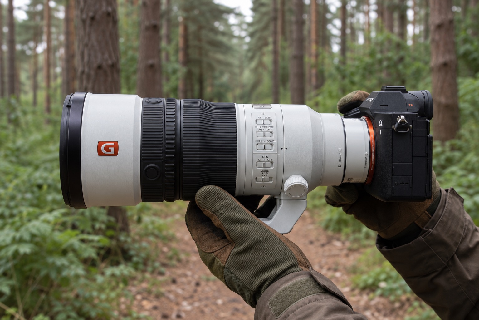 Test Sony FE 600mm f/6.3 GM OSS : le plus léger des téléobjectifs 14 Photographe animalier tenant le Sony FE 600mm f/6.3 monté sur un boîtier Alpha en forêt lors d'un test terrain.