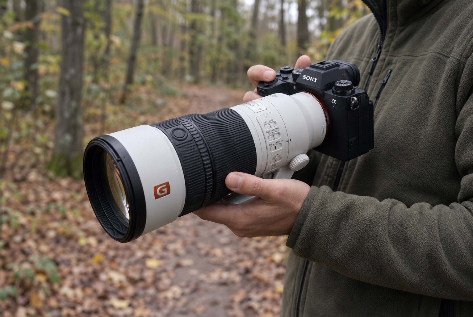 Test Sony FE 400mm f/4.5 GM OSS : avis et retour d'expérience terrain 14 Photographe naturaliste tenant l'objectif Sony FE 400mm f/4.5 GM OSS monté sur un boîtier Alpha lors d'un test terrain en forêt d'automne.