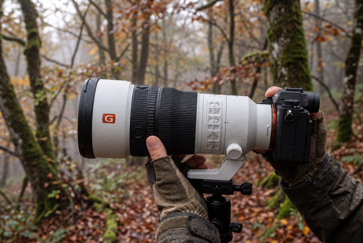 Test Sony FE 400mm f/4.5 GM OSS : avis et retour d'expérience terrain 17 Test du Sony FE 400mm f/4.5 GM OSS : prise en main de l'objectif par un photographe en forêt automnale pour évaluer son ergonomie.
