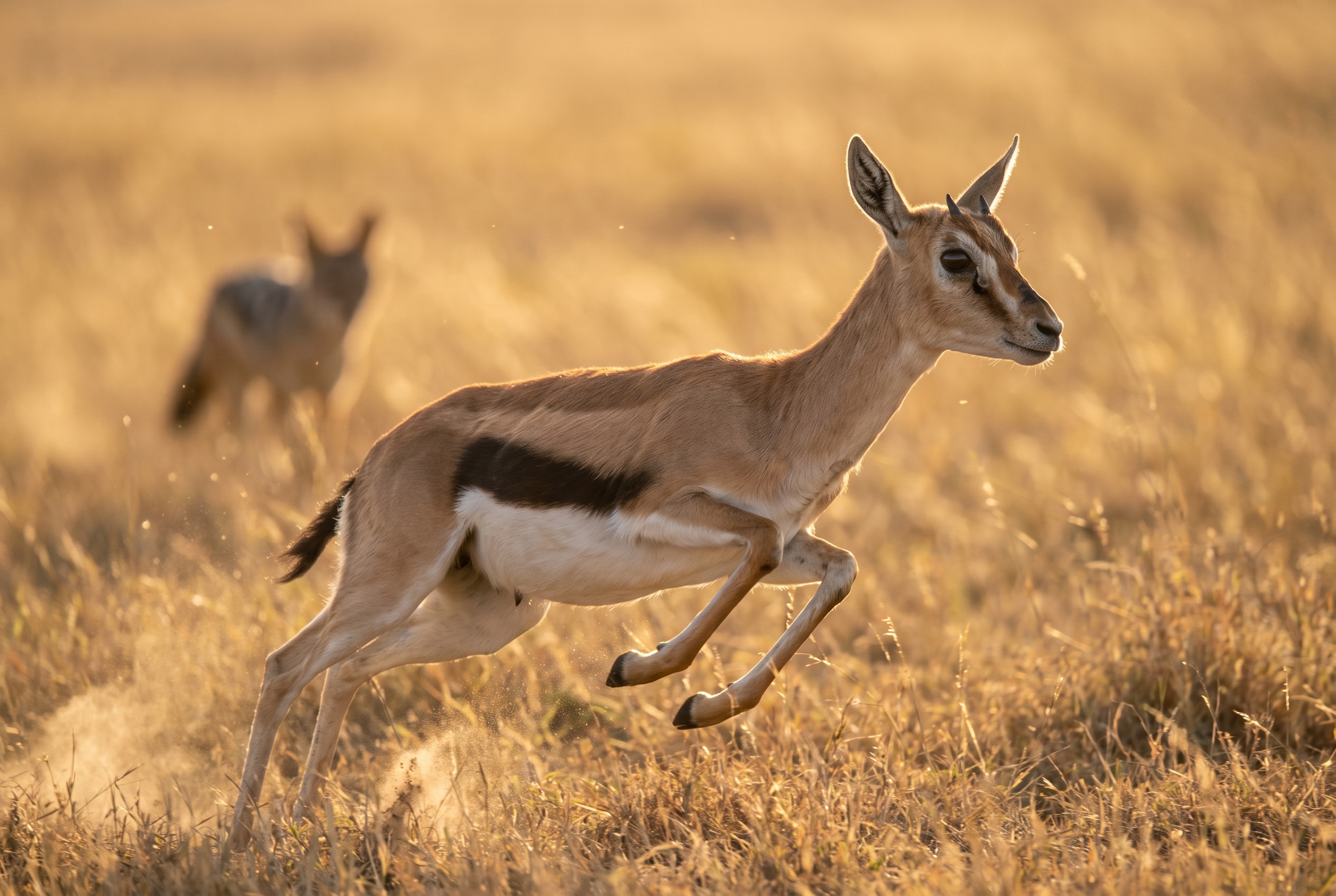 Réussir son safari photo : le bon matériel et les erreurs à éviter 16 Photographie animalière d'une gazelle de Thomson en plein saut dans la savane dorée du Serengeti, prise de vue nette lors d'un safari photo.