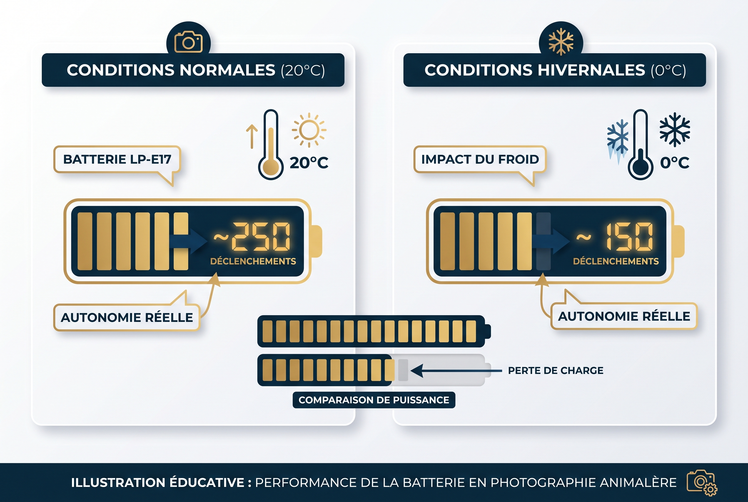 Infographie comparative de l'autonomie de la batterie LP-E17 du Canon R8 Mark II entre 20°C et 0°C pour la photo de nature.