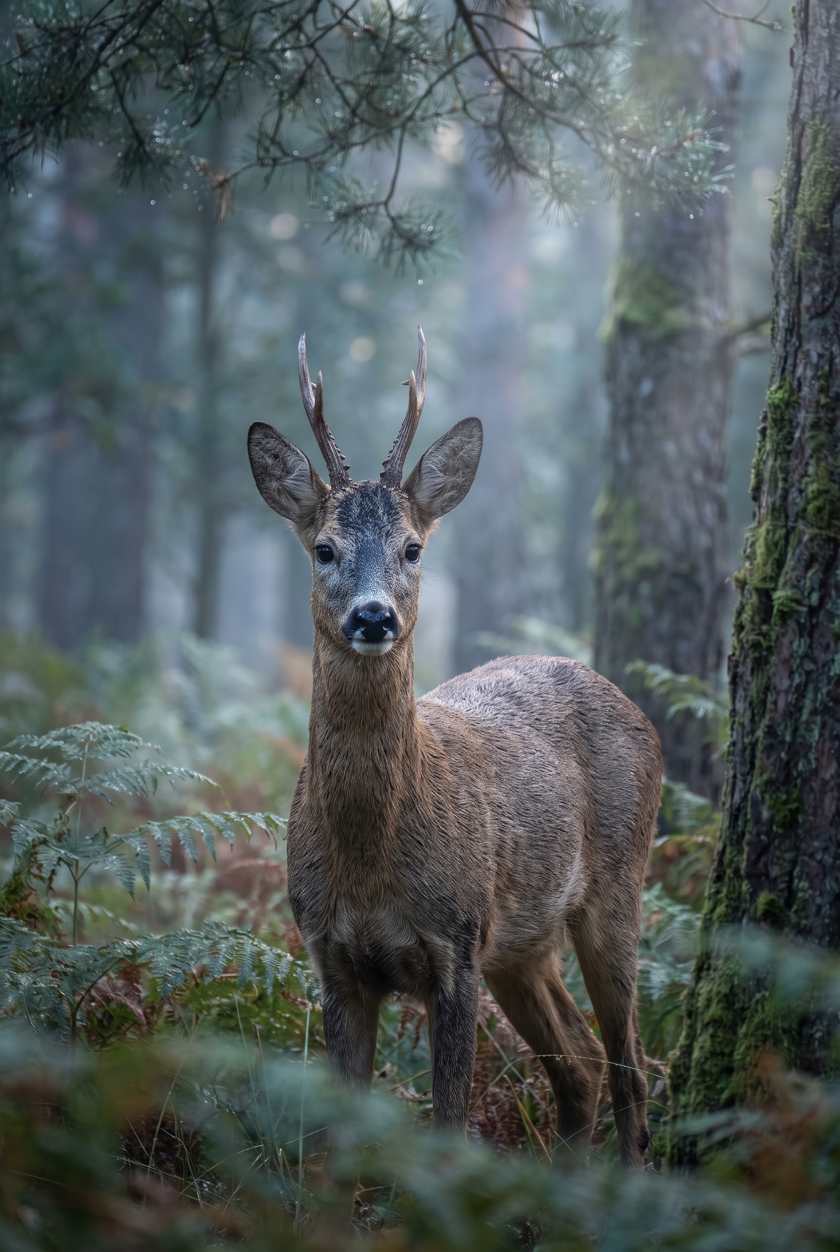 Chevreuil mâle (brocard) dans une clairière brumeuse à l'aube, test du Canon R8 Mark II en photographie animalière.