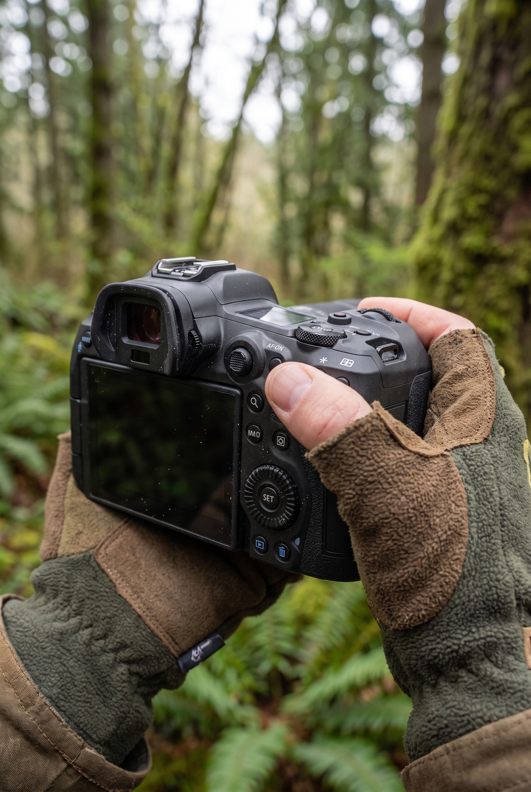 Test Canon R5 : vaut-il toujours le coup en 2026 ? 21 Gros plan sur les commandes arrières et le bouton AF-ON du Canon R5 tenu avec des gants de randonnée en forêt moussue.
