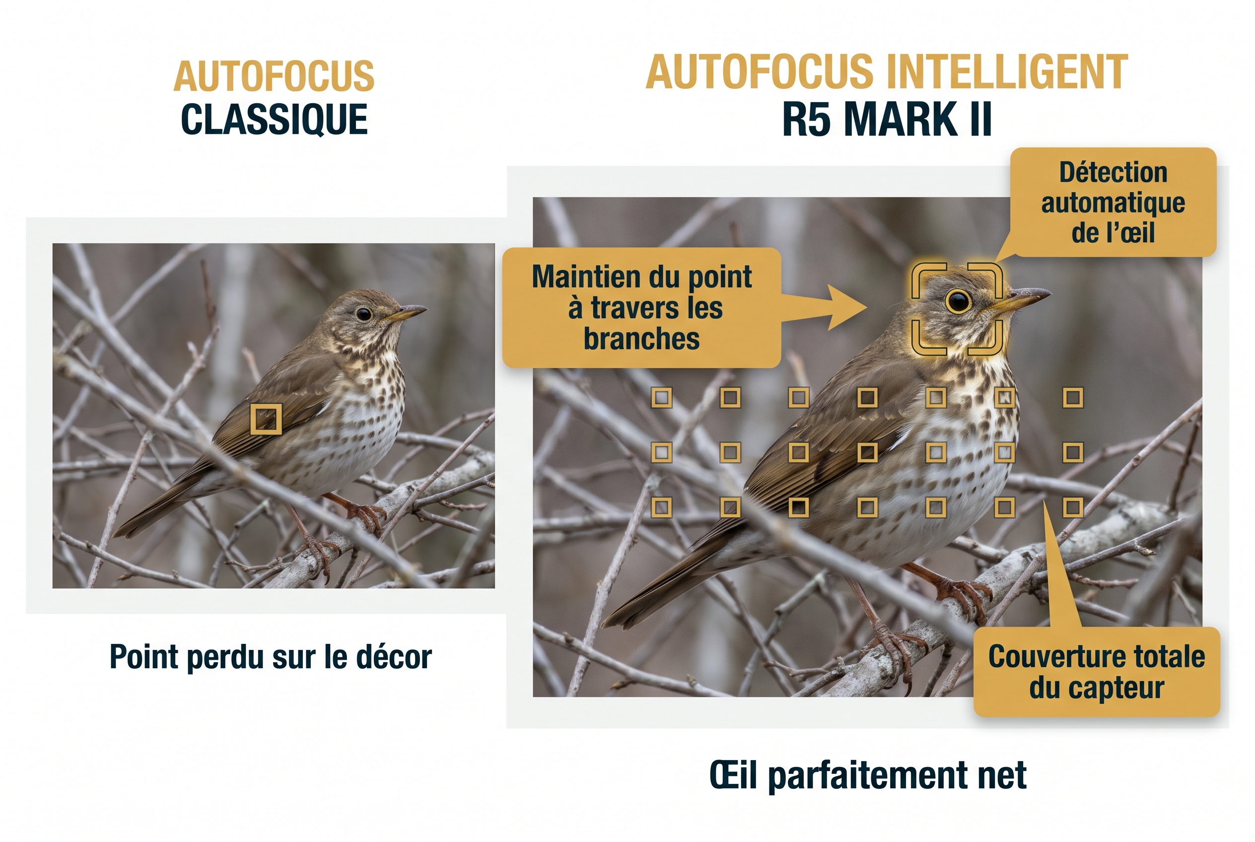 Schéma pédagogique comparatif de l'autofocus intelligent du Canon R5 Mark II vs autofocus classique sur un oiseau en forêt.