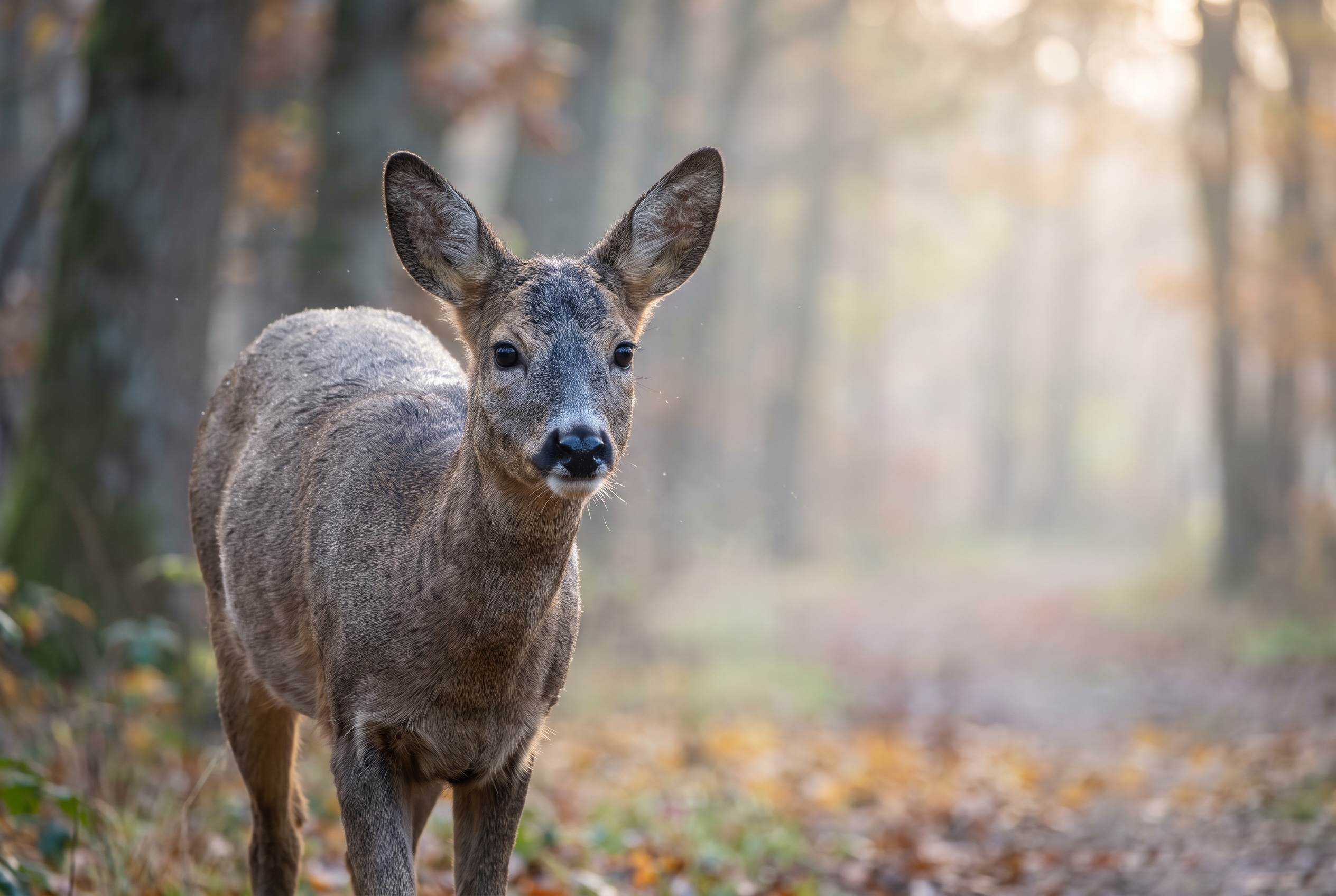 Photo de chevreuil en forêt brumeuse réalisée lors du test du Canon EOS R5 Mark II avec un objectif RF 600mm f/4L IS USM.