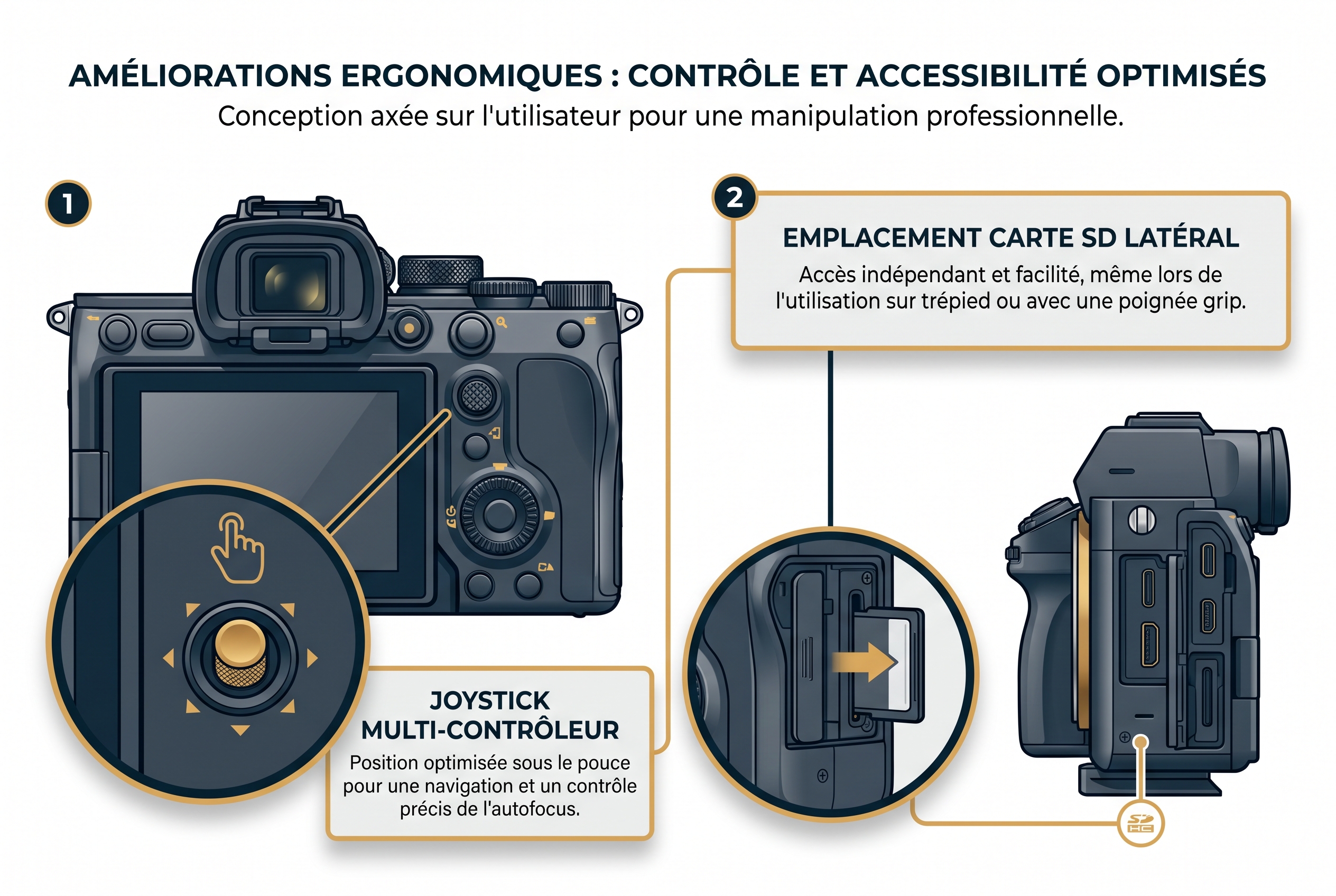 Illustration technique des nouveautés ergonomiques du Canon R8 Mark II montrant le joystick multi-contrôleur et l'emplacement latéral de la carte SD.