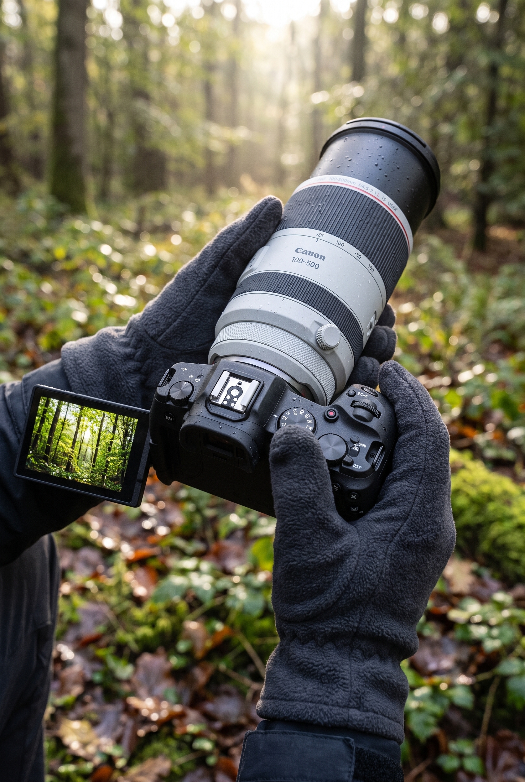 Gros plan du boîtier Canon EOS R8 Mark II équipé d'un téléobjectif RF 100-500mm lors d'un test terrain en forêt pour la photographie animalière.