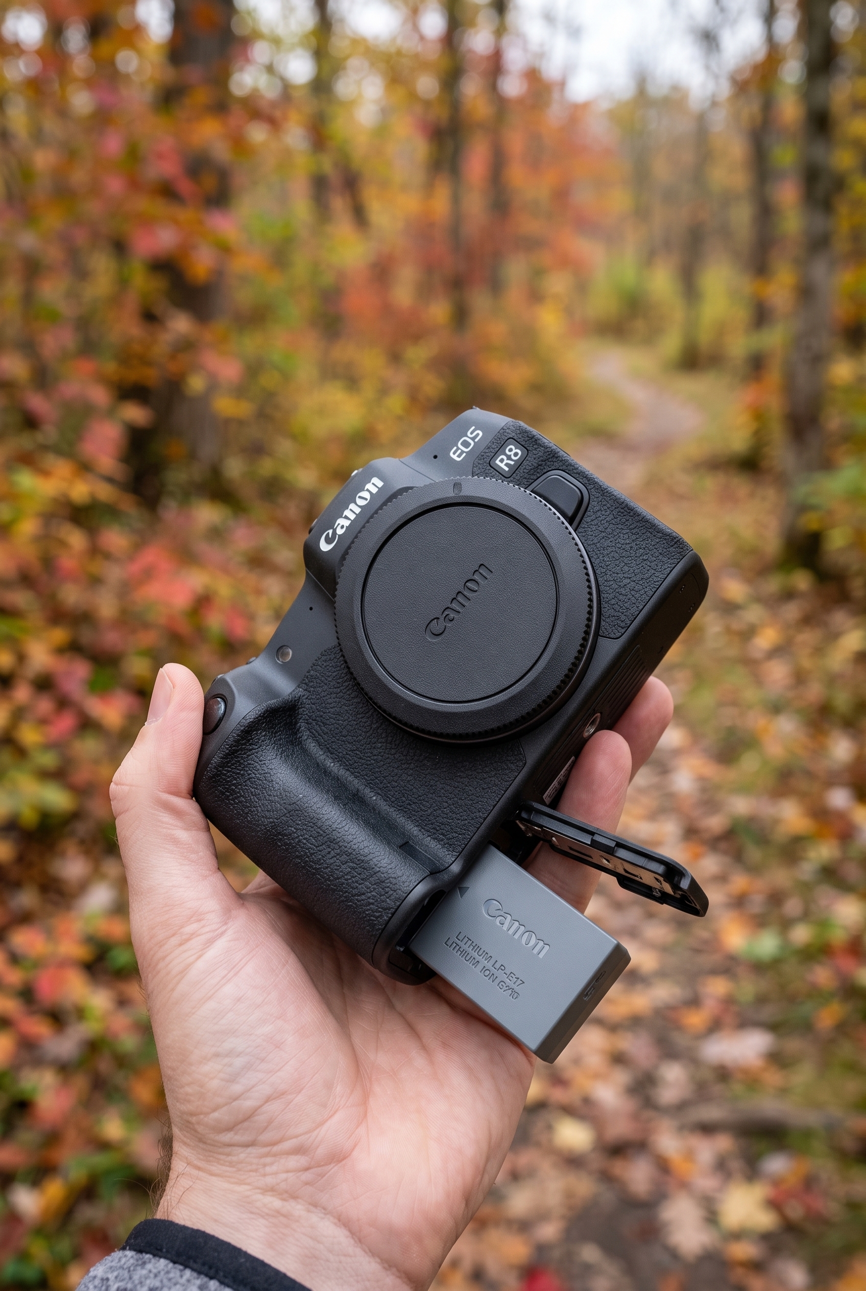 Test Canon R8 : le meilleur hybride entrée de gamme 20 Test Canon R8 : gros plan sur le compartiment ouvert et la batterie LP-E17 tenu en main par un photographe en forêt.