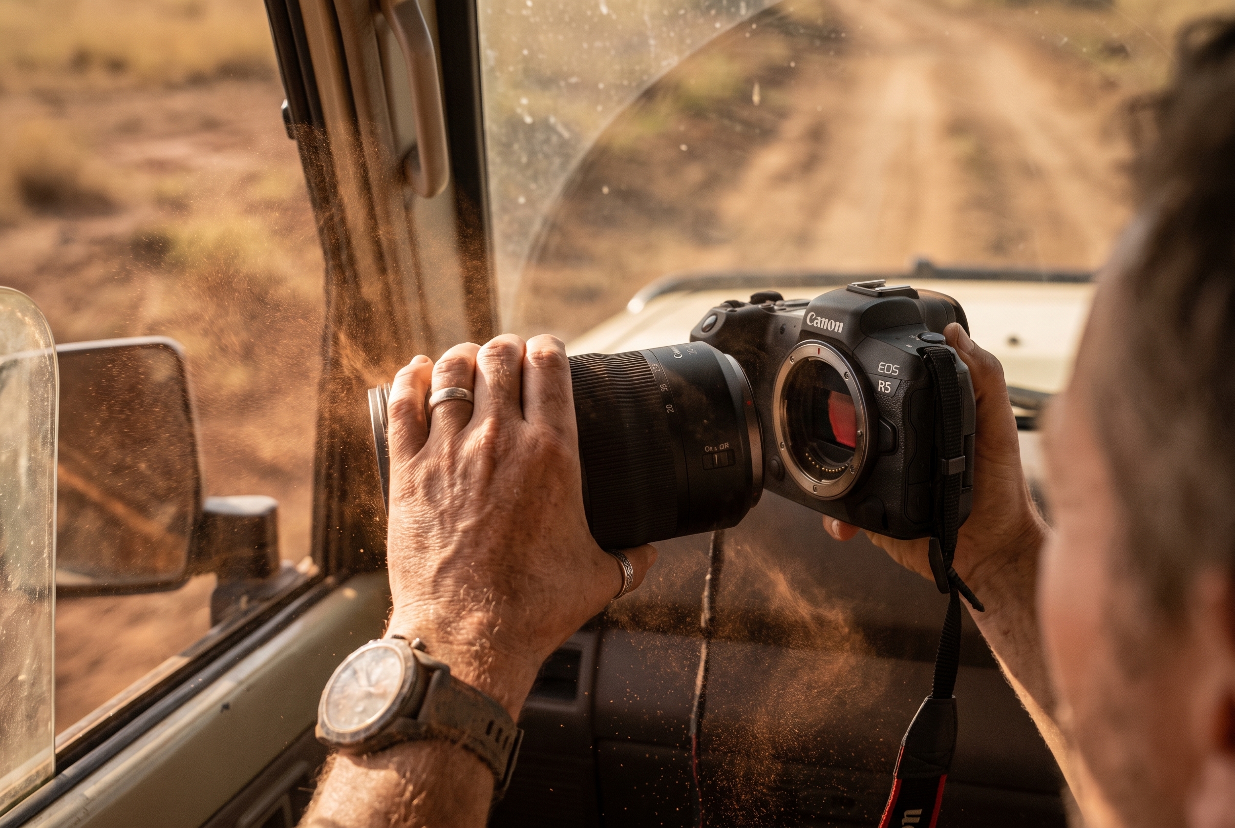 Réussir son safari photo : le bon matériel et les erreurs à éviter 22 Mains d'un photographe changeant un objectif sur un boîtier hybride à l'intérieur d'un 4x4 de safari dans une savane poussiéreuse.