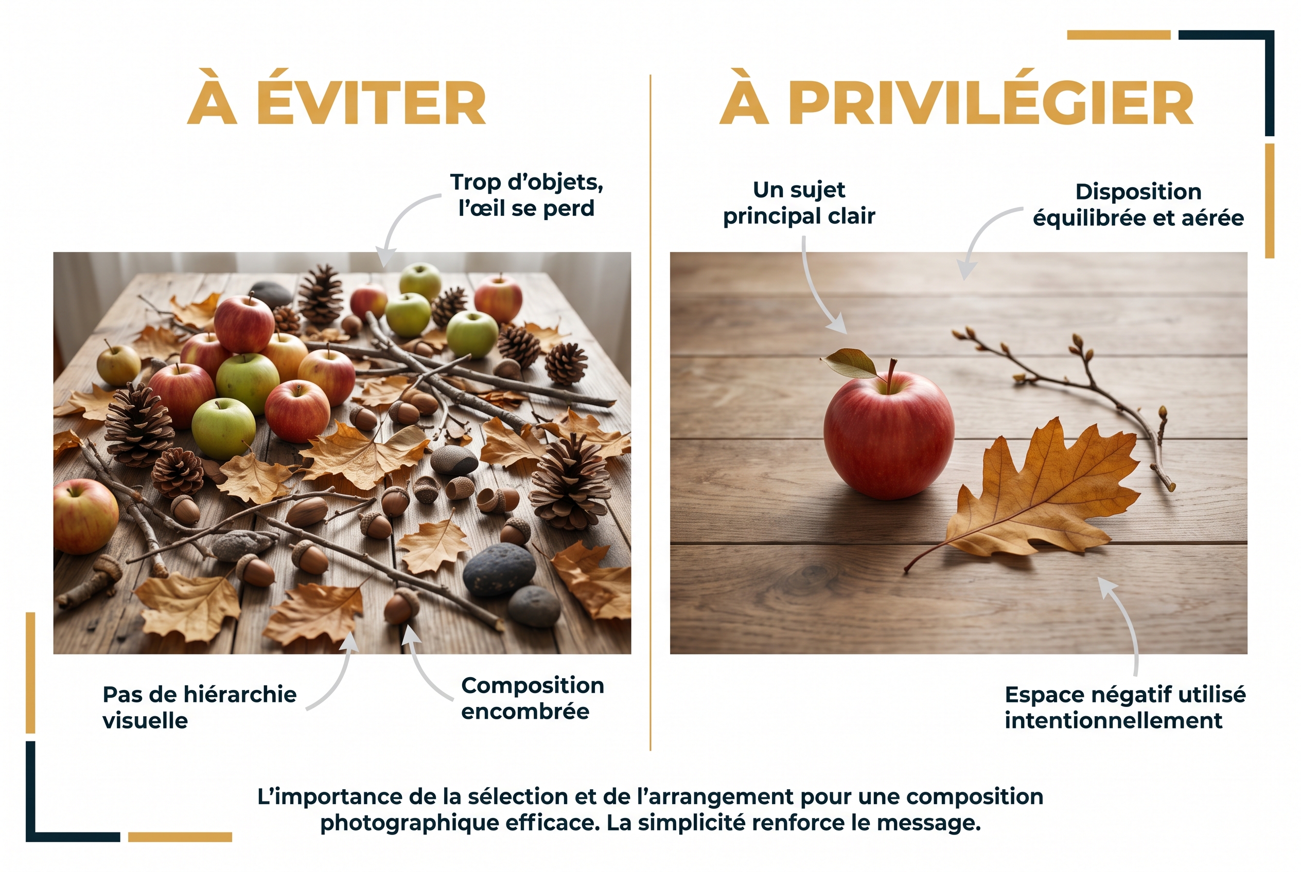 Illustration comparative de composition en photographie nature morte montrant une table encombrée à éviter et une mise en scène épurée avec trois éléments à privilégier.
