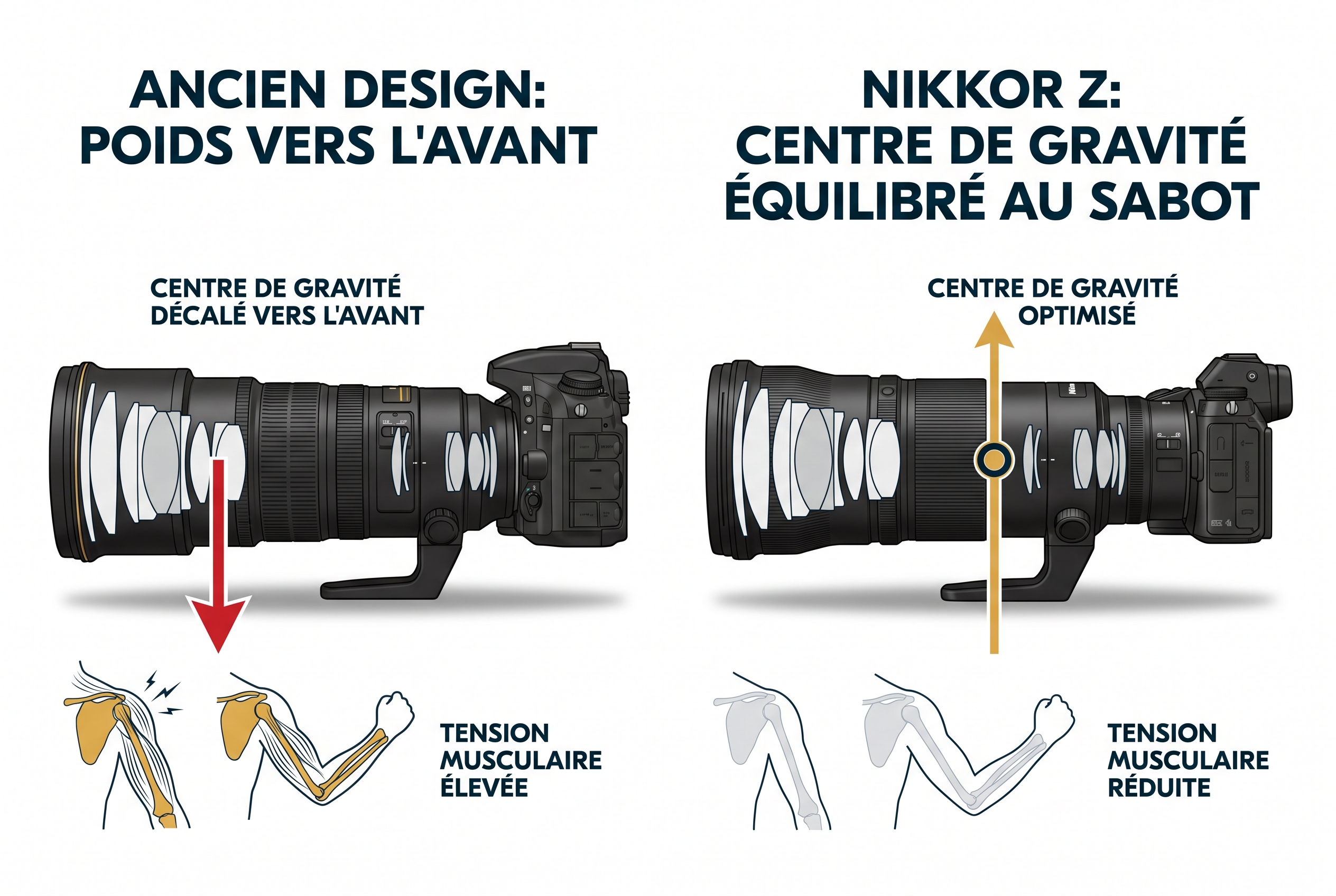 Schéma technique comparant le centre de gravité équilibré du Nikon Z 600mm f/4 face à l'ancien modèle reflex au poids porté vers l'avant.