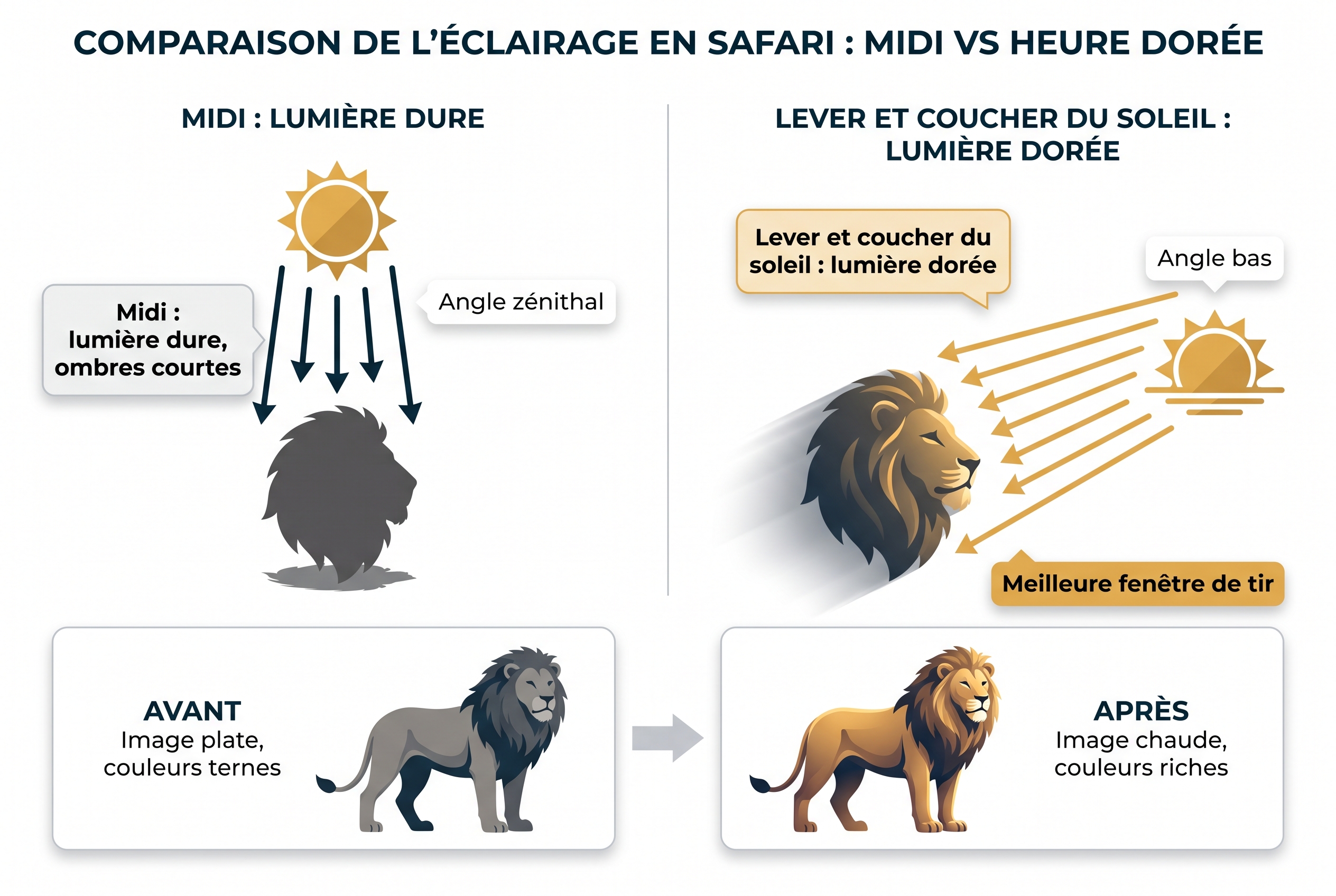 Réussir son safari photo : le bon matériel et les erreurs à éviter 26 Illustration pédagogique comparant l'impact de la lumière de midi et de l'heure dorée sur un lion lors d'un safari photo.