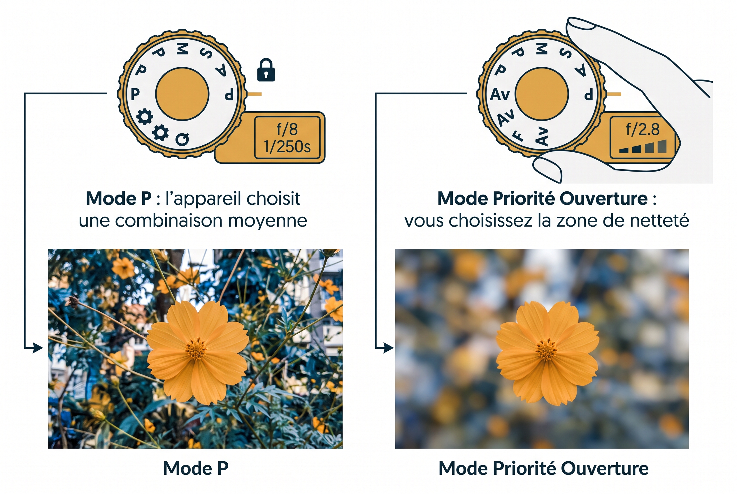 Infographie pédagogique comparant le mode P automatique et le mode priorité ouverture pour contrôler la profondeur de champ et le bokeh sur une fleur.